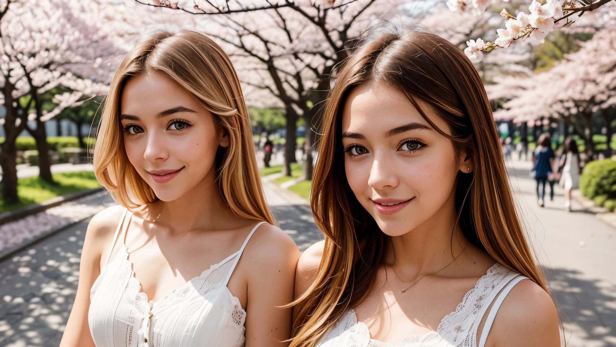 Instagram pictures, french girl, Shoulder length hair, Has light blonde hair, Close-up photo, Take a walk in the park with cherry blossoms, Japan, smile a little,
