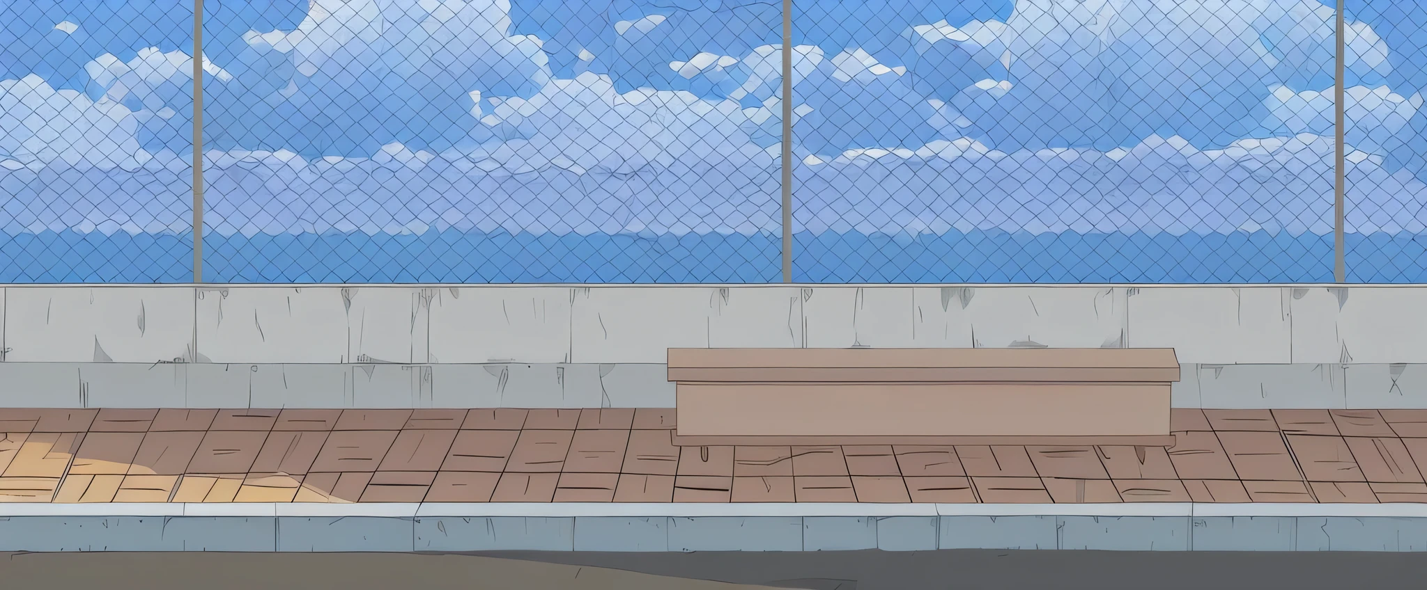 there is a bench in front of a fenced area, Background of the volleyball court, fundo de anime art, fundo de anime, backgroud by the sea, fundo de rua, random background scene, fundo da cena da porta, fundo de vista de rua da cidade, prison background, school background, paisagem urbana de fundo, detailed scenery - width 672, paisagem urbana estilo anime, jantar de anime, jantar de animery