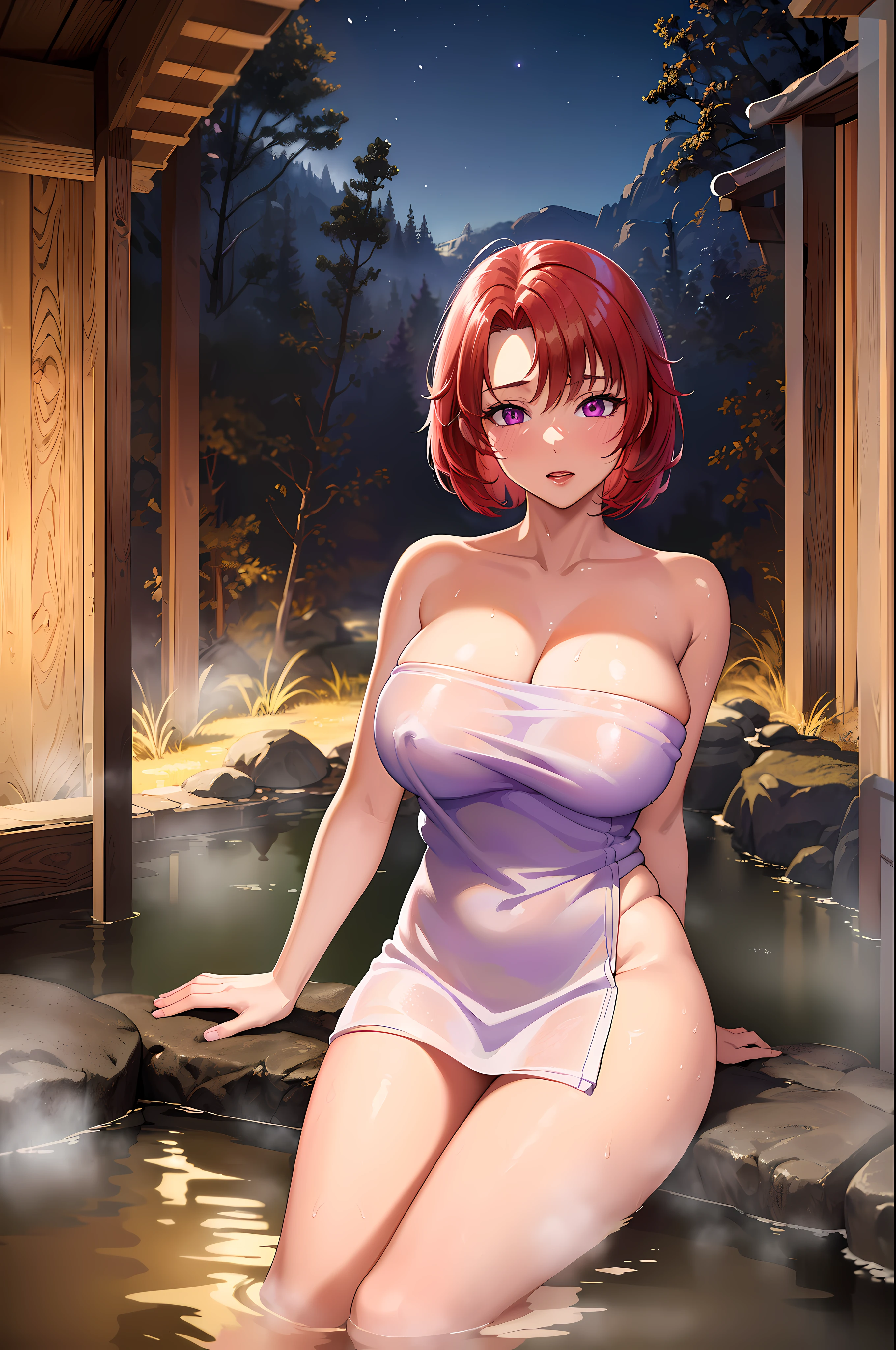 cowgirl, cowgirl, red hair, (purple eyes:1.1), Short hair, (cowboy shot:1.2), (masterpiece:1.2), best quality, high resolution, 8K background화면, (illustration:0.8), (beautiful and delicate eyes:1.3),perfect lighting, Highly detailed CG, ,NSFW, (sexy:1.4), (onsen_background:1.3),(Wrap it completely in a bath towel:1.3) , (night)