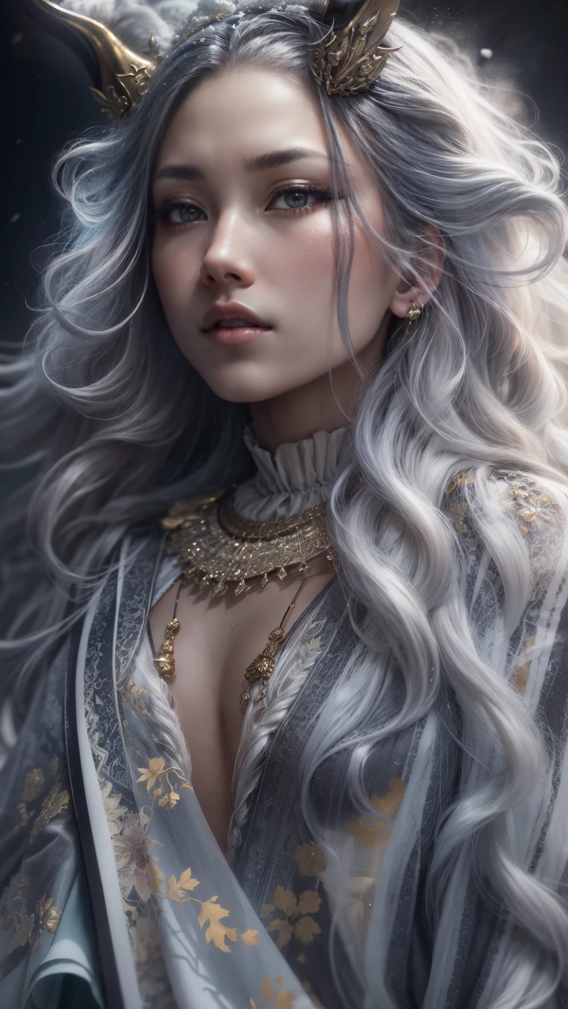 A full body portrait of a japanese woman with a silver tail and little horns, the photograph captured in stunning 8k resolution and raw format to preserve the highest quality of detail. The woman's beauty is undeniable, a peaceful look. She wears a silver ceremonial robe with some delicate embroidered details that complement her charming and passionate pose, all portrayed with meticulous attention to detail, showing the perfection and maturity in her face with delicate features and hyper-detailed bright silver eyes. The photograph is taken with a lens that frames your entire body, challenging your gaze, and the backdrop is a divine, bright environment that highlights the vibrant colors of the scene. The lighting and shadows are expertly crafted to highlight the richness of her skin and subtle nuances of her features. Her long silver hair, with distinct variations in tone, stands out in contrast to her snow-white skin. The external environment adds a sense of divinity, while a few small silver scales on its skin reflect the sunlight. The overall composition captures her essence with authenticity and grace, creating a portrait that is a celebration of a celestial goddess. Photography by defiance512, using the best shadow and lighting techniques, to create a mesmerizing portrait that transcends the visual.