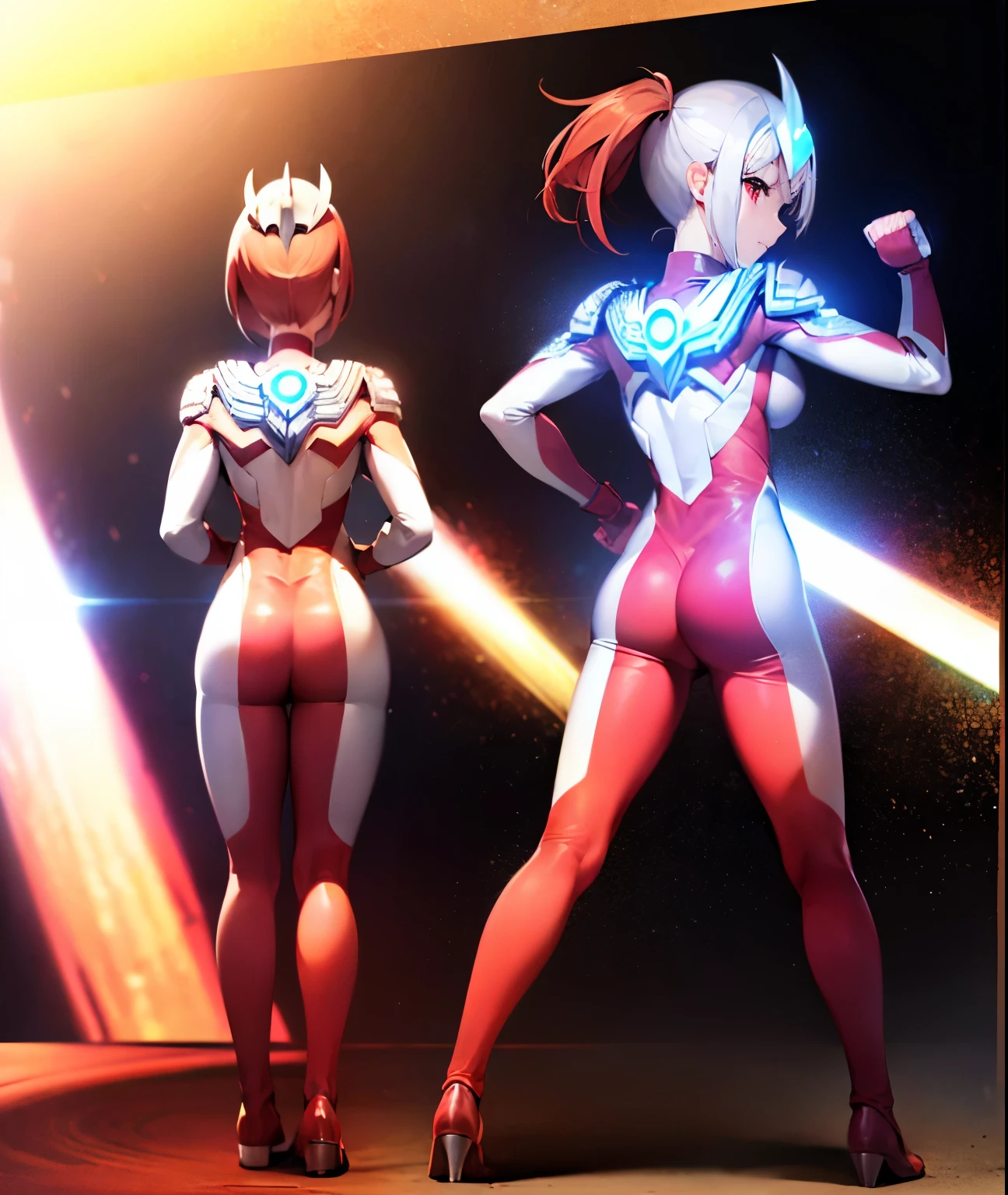 Highest image quality,8K beautiful detailed ung girl,(bright red hair:1.5),short bob,red eyes, (Ultra Girl :1.0), (silver and red ultraman bodysuit:1.4),big breasts,(Put your hands on your hips:1.2),(fist:1.2),(Turn your back to your audience:1.3),(back view:1.2),(butt:1.2)