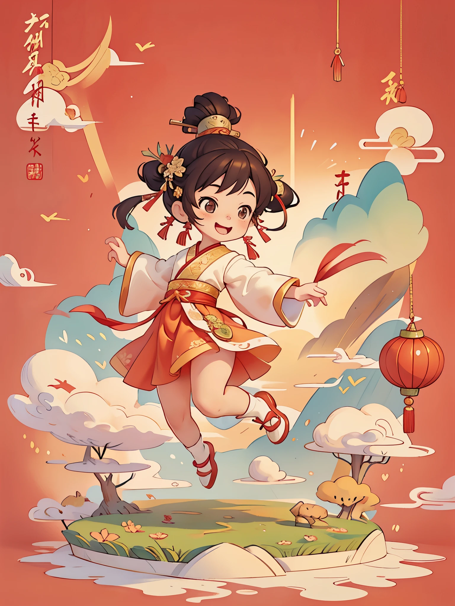 Create a series of Chinese New Year themed greeting cards,(masterpiece),(best quality),(official art),Cute little girl jumping between clouds,Jump from one white cloud to another,The little girl must be wearing exquisite classical Hanfu,((long skirt)),She has brown twintails,Smiling happily to the audience,open mouth,All greeting cards should follow the same Chinese red pattern with a solid color background and be complete within the image, exhibit (whole body: 1.5),She must have a dark brown round head. Your eyes should be large and expressive,long eyelashes and rosy cheeks,Smile is delicate and white,elegant movements,Bonito Advanced Certificate, Hair texture and details,Make the picture more Chinese style.