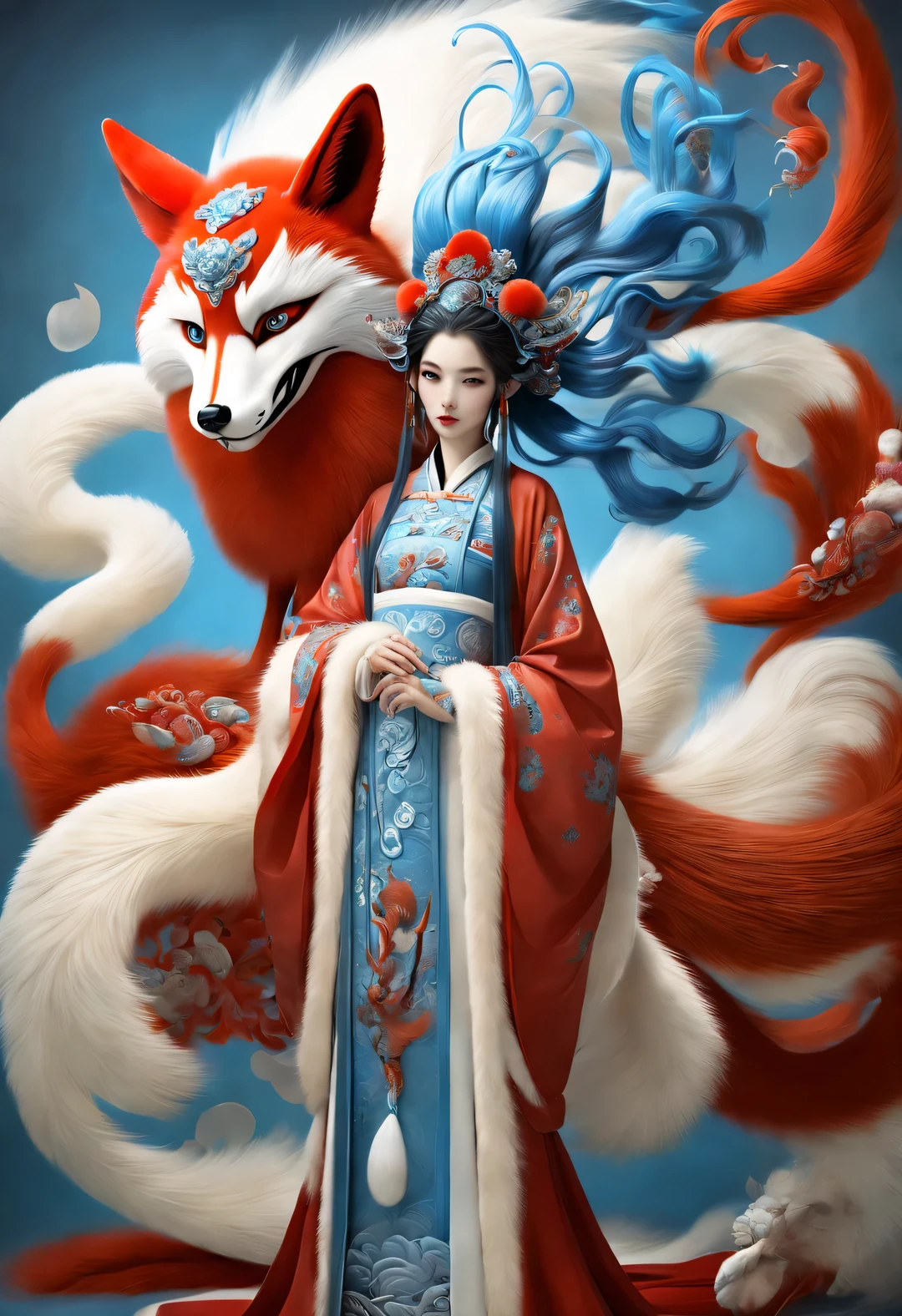 Zbrush style red and blue fashion painting, Oriental style, Soft realism and surreal details, blue and sky blue tones, (A white hair、blue eyes、Fox with nine red tails), Lots of fluffy red tails wrapped around, Ancient Chinese mythical beasts, fantasy,