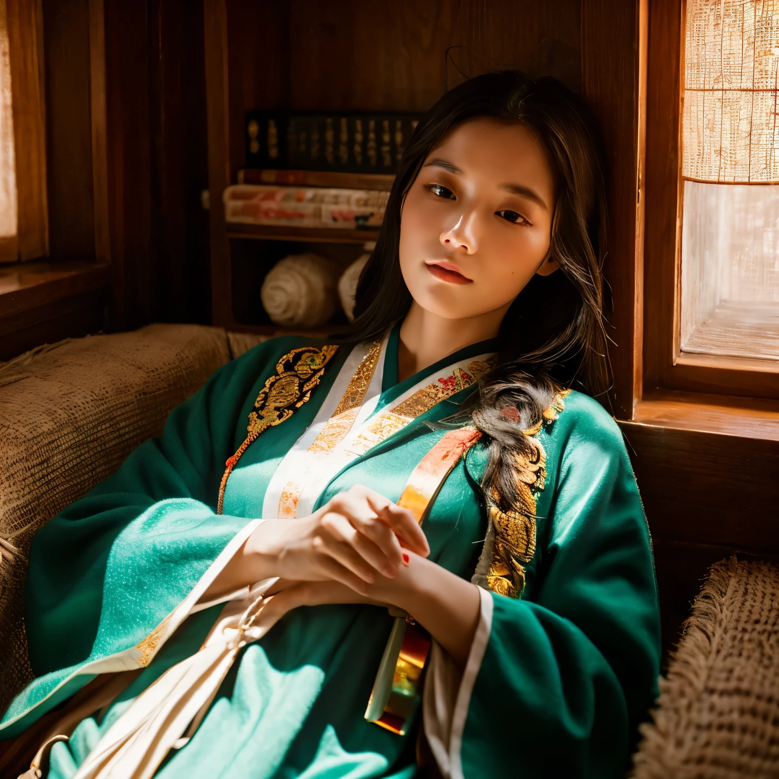 woman，Taoist robe，cover the light of eyes，divinity