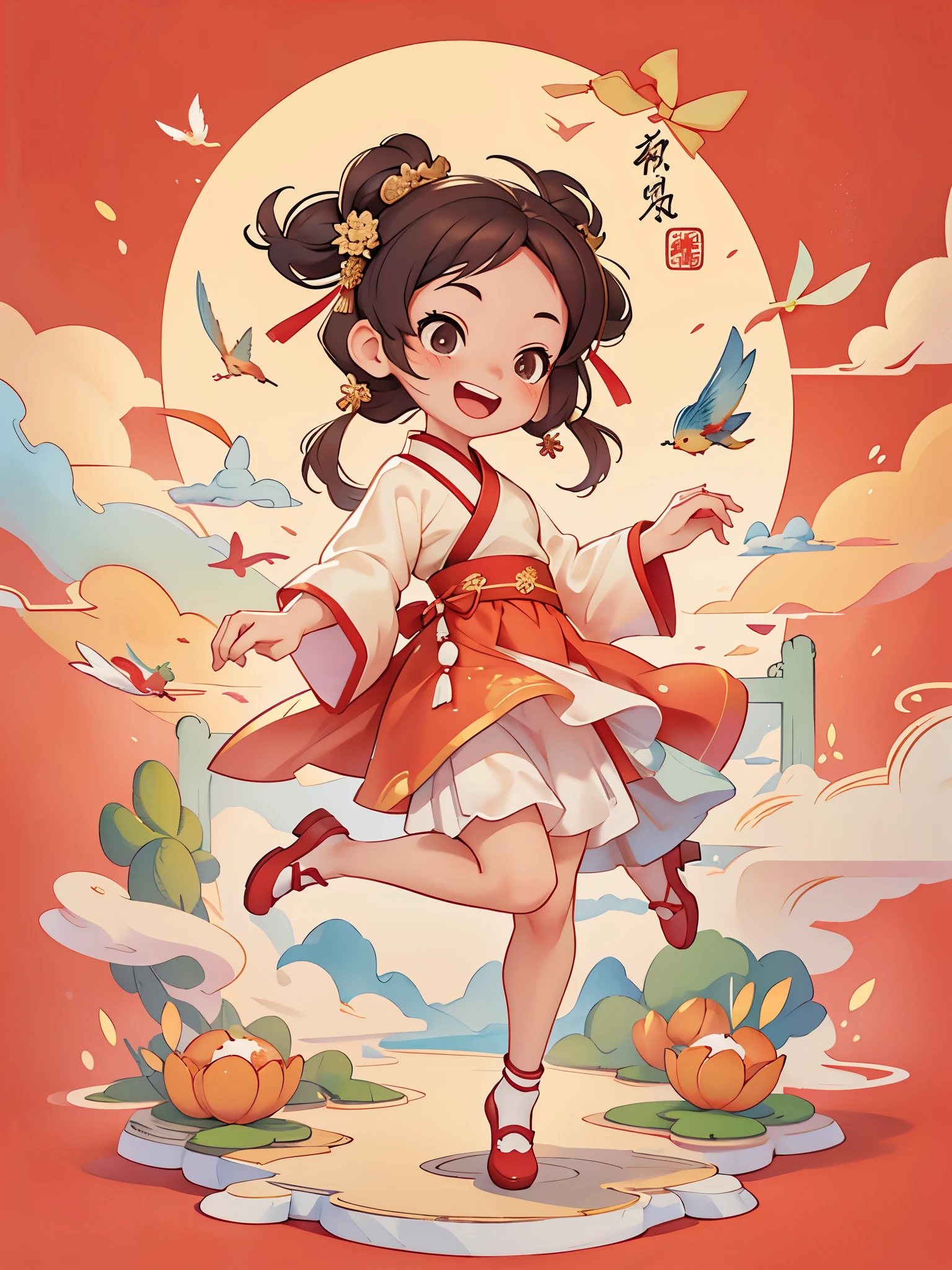 Create a series of Chinese New Year themed greeting cards,(masterpiece),(best quality),(official art),Cute little girl jumping between clouds,Jump from one white cloud to another,The little girl must be wearing exquisite classical Hanfu,((long skirt)),She has brown twintails,Smiling happily to the audience,open mouth,All greeting cards should follow the same Chinese red pattern with a solid color background and be complete within the image, exhibit (whole body: 1.5),She must have a dark brown round head. Your eyes should be large and expressive,long eyelashes and rosy cheeks,Smile is delicate and white,elegant movements,Bonito Advanced Certificate, Hair texture and details,Make the picture more Chinese style.
