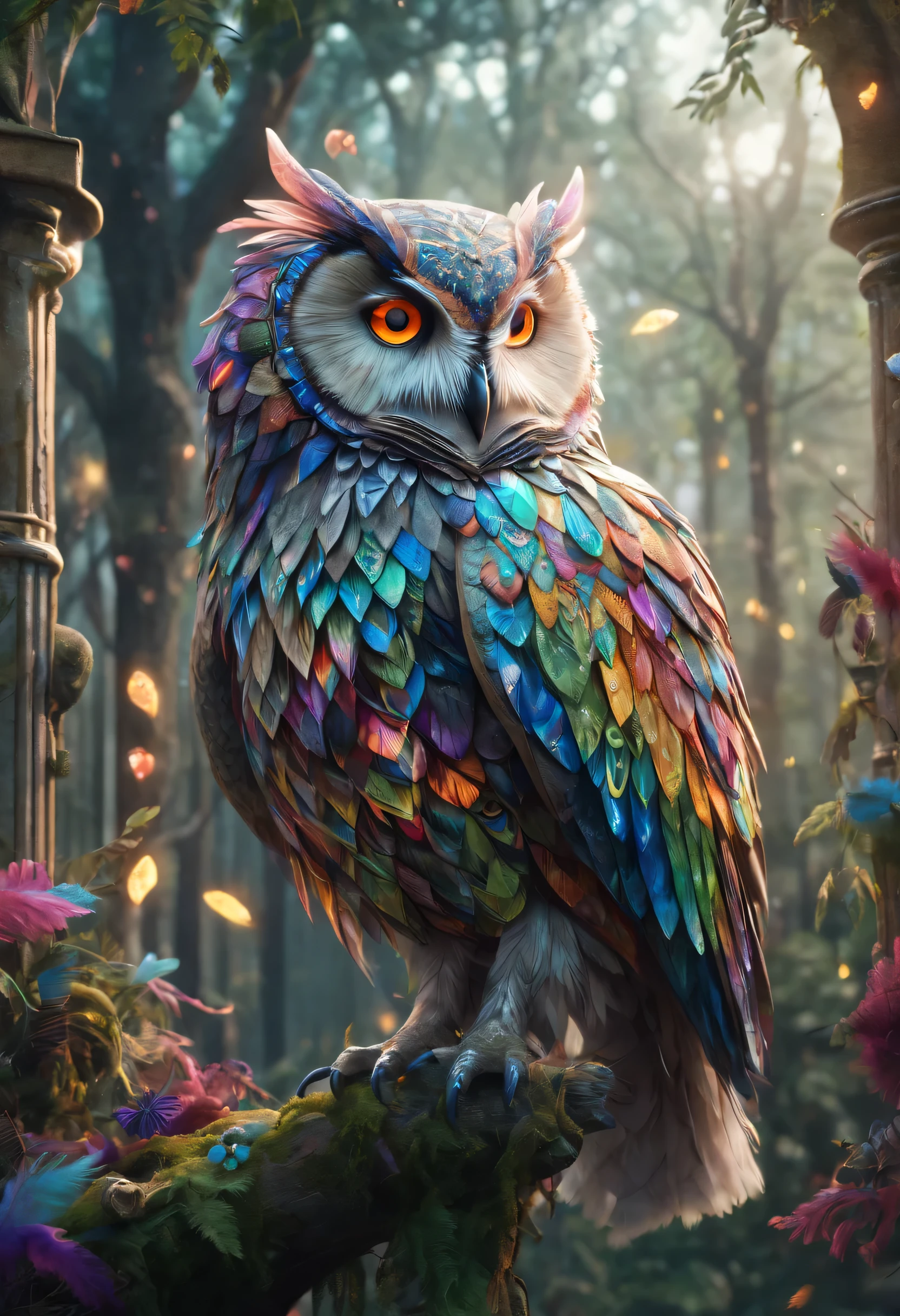 (best quality,high-rise building,masterpiece:1.2),Super fine,magician owl,Beautifully renovated,colorful colorful feathers,mysterious creature,Where are the Fantastic Beasts,ethereal atmosphere,mesmerizing palette,Bright Eyes,The presence of majesty,Unique and intricate patterns,Hidden in the mysterious forest,Cast spells,nature guardian,