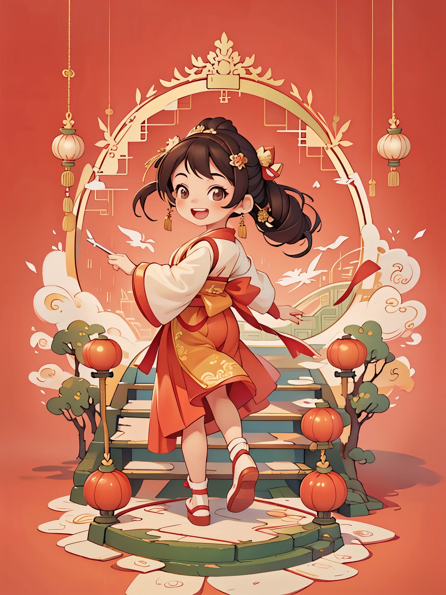 Create a series of Chinese New Year themed greeting cards，（masterpiece)，(best quality)，(official art)，(Beauty and aesthetics:1.2)，Cute *********** climbing up on the stairs，look back，Smiling happily to the audience，open mouth，The *********** must be wearing exquisite classical Hanfu，((long skirt))，She has brown twintails，All greeting cards should follow the same Chinese red pattern with a solid color background and be complete within the image, exhibit (whole body: 1.5)，She must have a dark brown round head. Your eyes should be large and expressive，long eyelashes and rosy cheeks，Smile is delicate and white，elegant movements，Bonito Advanced Certificate, Hair texture and details，Make the picture more Chinese style.