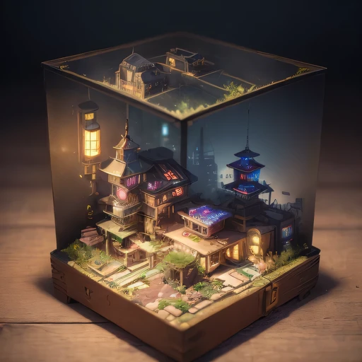 small realistic model, (bifurcation, original photo, best quality, masterpiece:1.4),SteampunkCyberpunk6920 City,(Cyberpunk light:1.3), Mards,horizon (related to land),(in a small nature box:1.3),Isometric, small nature, landscape on foundation,landscape,