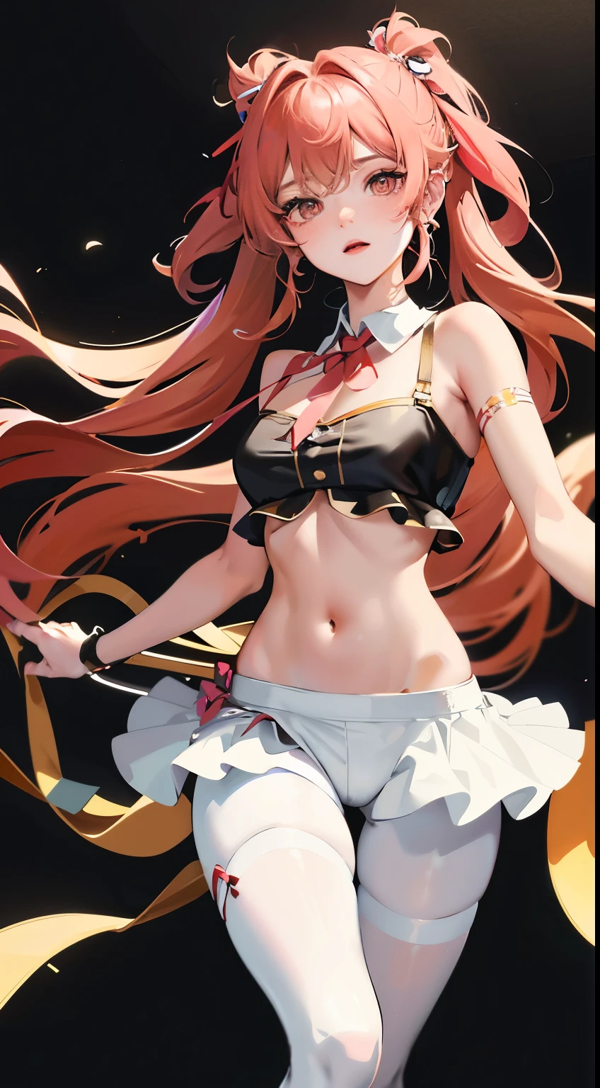 ,twin, masterpiece,best quality,official art,Extremely detailed CG unified 8k wallpaper, 2 girls, cute girl, Yuri, hair accessories, shorts, crop top, white pantyhose, ribbon_collar, leg straps,swimsuit