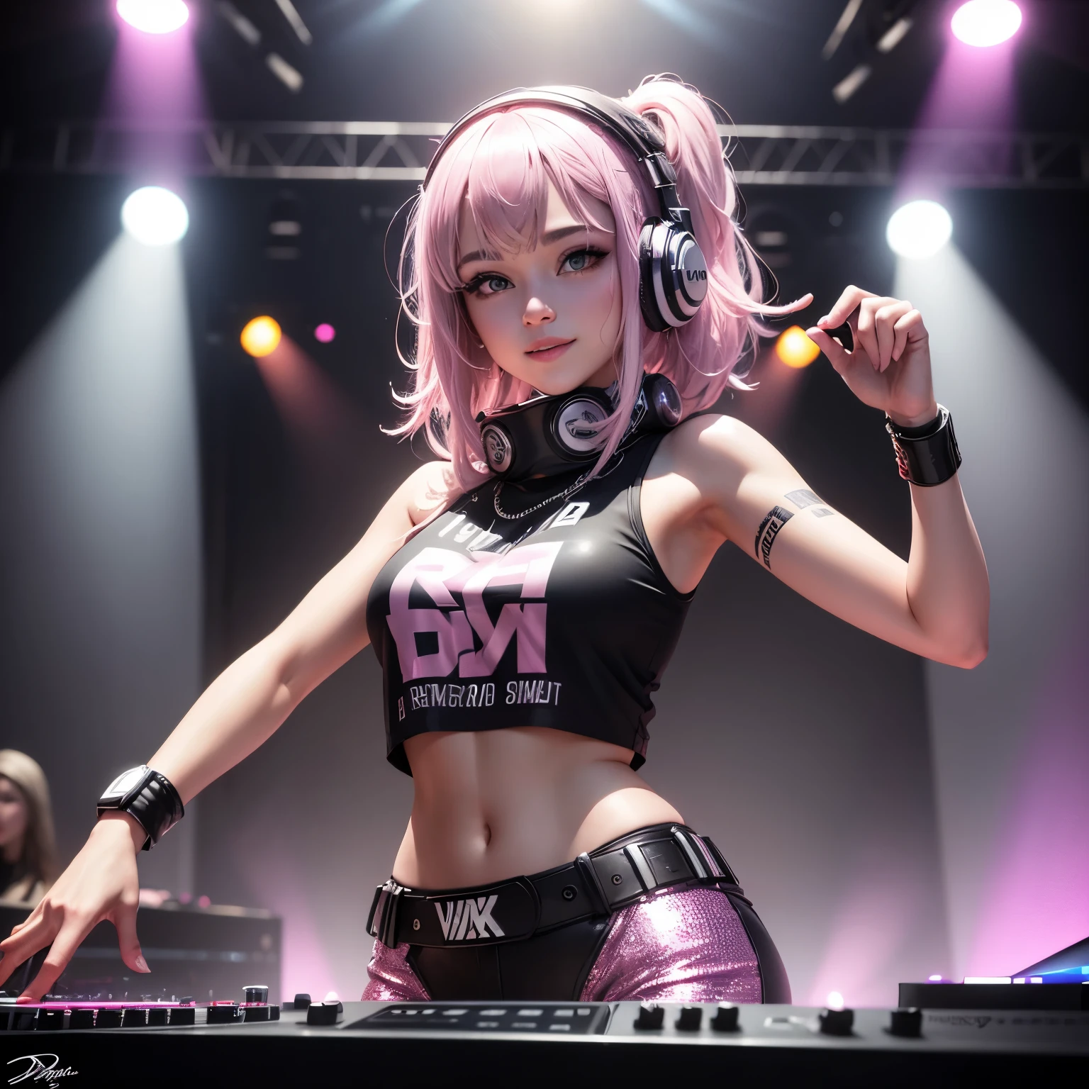 (ultra - detailed, 16K resolution, Cinema lenses，rendering by octane),A young chick woman，Has straight white and pink hair, Wearing silver DJ headphones, Shiny silver sequined T-shirt, (Signature hip-hop pop outfit:1.3), Smile while DJing on stage.Standing in front of the DJ equipment Full body shot, The spotlight shines on the female DJ. Realistic style photography by Disco Lighting
等待开始