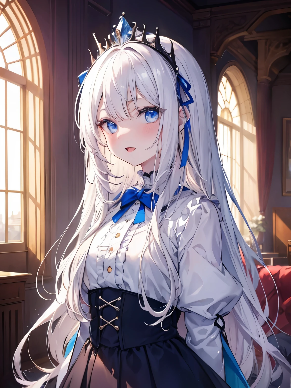 masutepiece, Highest Quality, (Perfect face:1.1), (high detailing:1.1), (ultradetailed eyes), Dramatic, superfine illustration, Extremely detailed, 1girl in,ager, (pale skin), long white hair, Ethereal eyes, Blue eyes,blush,Solo,Smile, Happy, Laugh, Enjoy, Open mouth, Pouty lips,Cinematic lighting, Looking up,upper body,leaning forward,Long sleeve,Blue Princess dress,indoor,night,living room,arms behind back