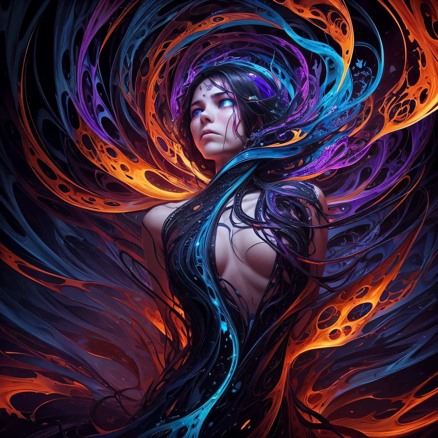 A mesmerizing and surreal depiction of a soul's anguish in the midst of a psychedelic experience. Swirling colors of deep purple, electric blue, and fiery orange intertwine around a figure, contorted in pain, with tears streaming down their face. Their eyes are wide and filled with an intensity that seems to pierce through the very fabric of reality, reflecting the raw emotions of despair and agony. The background is a complex, intricate pattern that seems to dance and writhe, adding to the sense of turbulence and chaos. The style is a blend of digital art and surrealism, with delicate brushstrokes and intricate details revealing the depth and complexity of