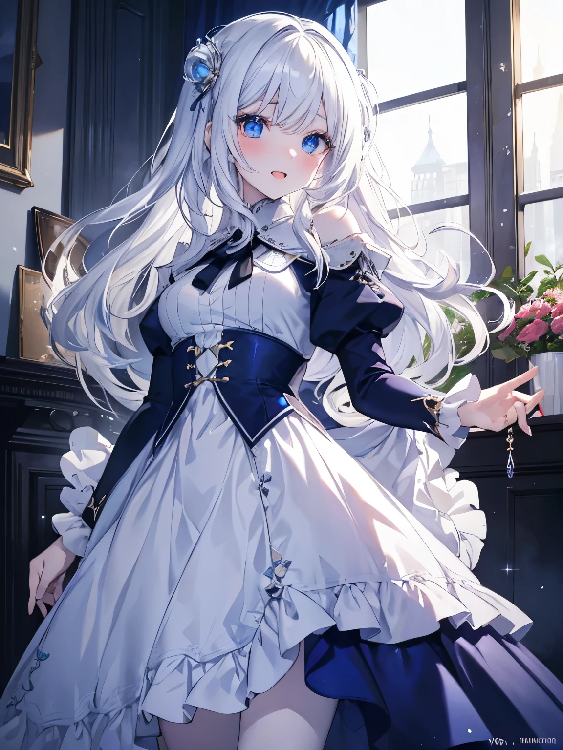 masutepiece, Highest Quality, (Perfect face:1.1), (high detailing:1.1), (ultradetailed eyes), Dramatic, superfine illustration, Extremely detailed, 1girl in,teenager, (pale skin), long white hair, Ethereal eyes, Blue eyes,blush,Solo,Smile, Happy, Laugh, Enjoy, Open mouth, Pouty lips,Cinematic lighting, Looking at Viewer,Cowboy Shot,Long sleeve,Blue Princess dress,indoor,night,living room,dynamic pose,snow,winter