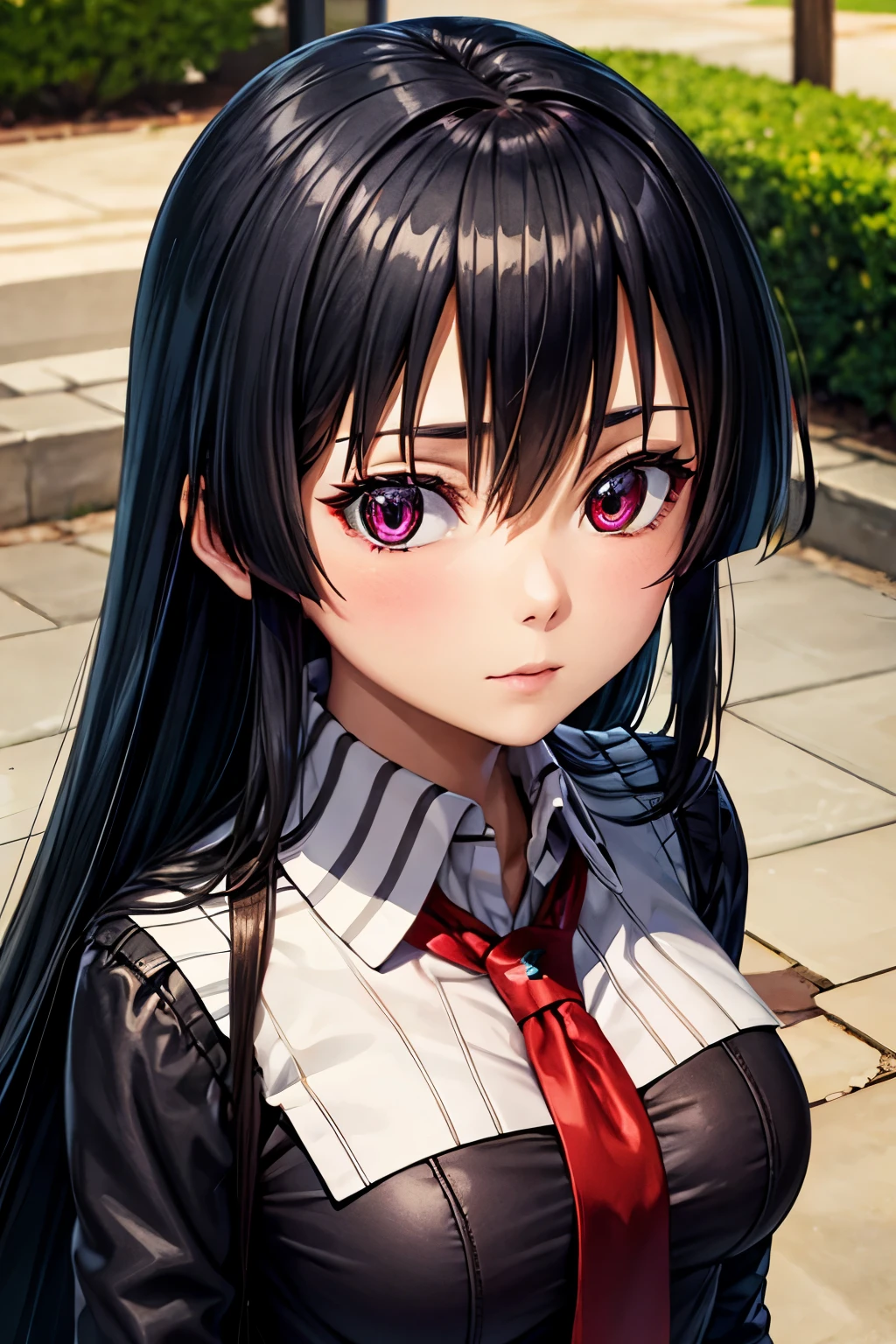 anime girl in black school uniform and red tie, best quality, high resolution, very smooth texture, cute and beautiful facial details, long black hair, big red eyes, eye liner, double eyelids, big breasts.