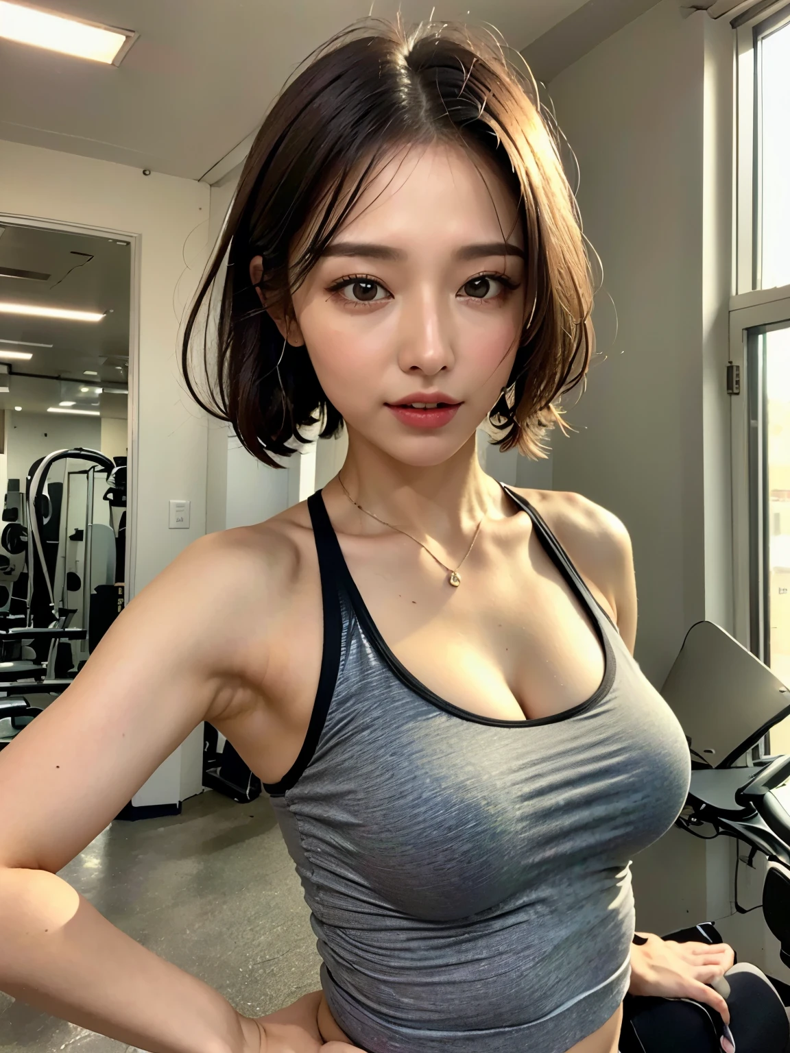 ((highest quality, 8K, masterpiece: 1.3)), 1 girl, Beauty that emphasizes slim abdominal muscles: 1.3, (casual hairstyle, super big: 1.4), Gym, training wear: 1.2, Wearing leggings、super detailed face, delicate eyes, double eyelid, soft chest, smile, Super exposed cleavage, whole body