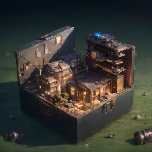 small realistic model, (bifurcation, original photo, best quality, masterpiece:1.4),SteampunkCyberpunk6920 City,(Cyberpunk light:1.3), Mards,horizon (related to land),(in a small nature box:1.3),Isometric, small nature, landscape on foundation,landscape,