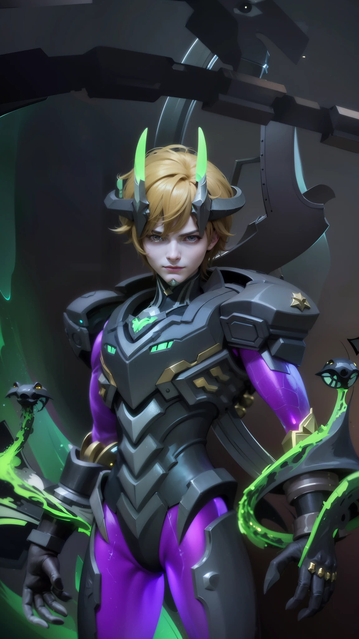masculine male, masterpiece, ((perfect eyes)) best quality, (semirealism:1.9), beautiful lighting, (extremely detailed CG unity 4k fhd wallpaper), High Detail, Sharp focus, dramatic outdoors, 1 boy ,19 years old, brown short hair, blue eyes, smile, Masterpiece, ultra HD, detailed all picture, a close up of a devil, dyrroth from mobile legend, evil, extremely detailed artgerm, mobile legends character, inspired by Dyrroth, Six pack chest and abs, yellow jewel above the chest.