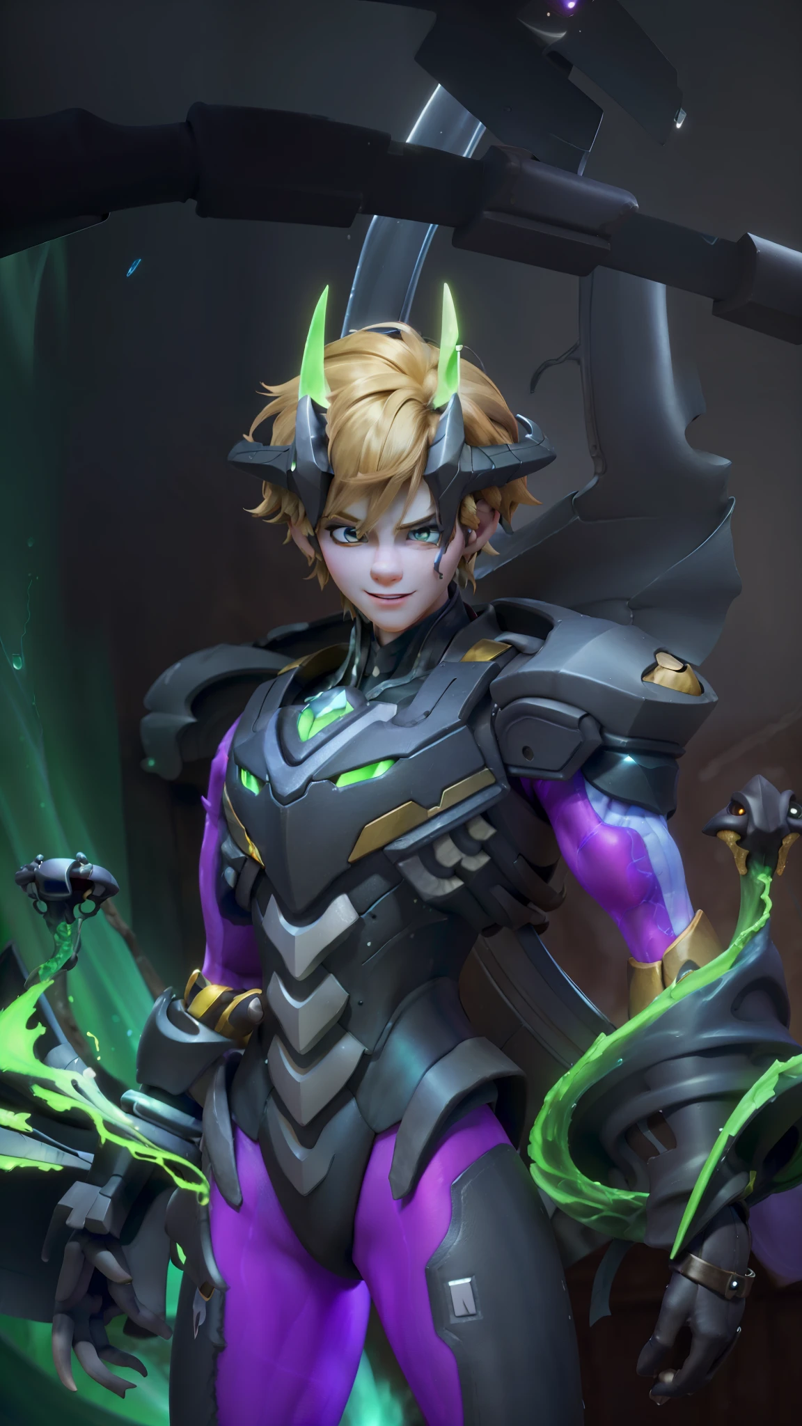 masculine male, masterpiece, ((perfect eyes)) best quality, (semirealism:1.9), beautiful lighting, (extremely detailed CG unity 4k fhd wallpaper), High Detail, Sharp focus, dramatic outdoors, 1 boy ,19 years old, brown short hair, blue eyes, smile, Masterpiece, ultra HD, detailed all picture, a close up of a devil, dyrroth from mobile legend, evil, extremely detailed artgerm, mobile legends character, inspired by Dyrroth, Six pack chest and abs, yellow jewel above the chest.