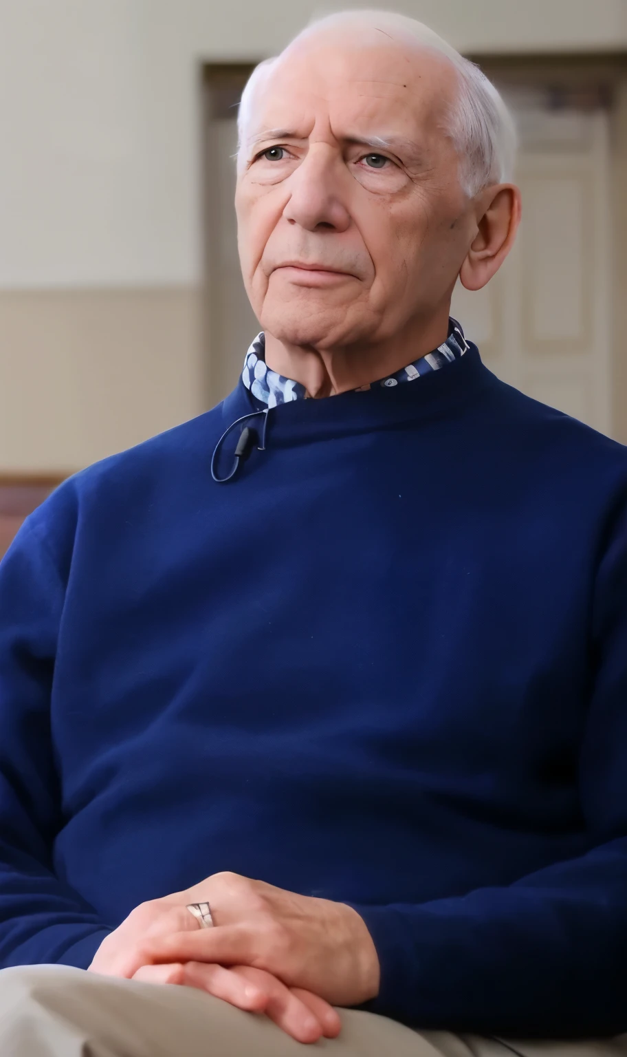 Arafad man sitting on chair with folded hands, Leonard Nimoy, Jean Luc Piccard, Raphael Albuquerque, YouTube video screenshot, “portrait of Leonard Cohen, John Waters, Captain Jean-Luc Picard, Wearing a navy blue sweater, wearing a dark blue polo shirt, Rupert Murdoch, Wilbur Smith, philosopher alvin plantinga, Patrick Stewart, Leonard Cohen