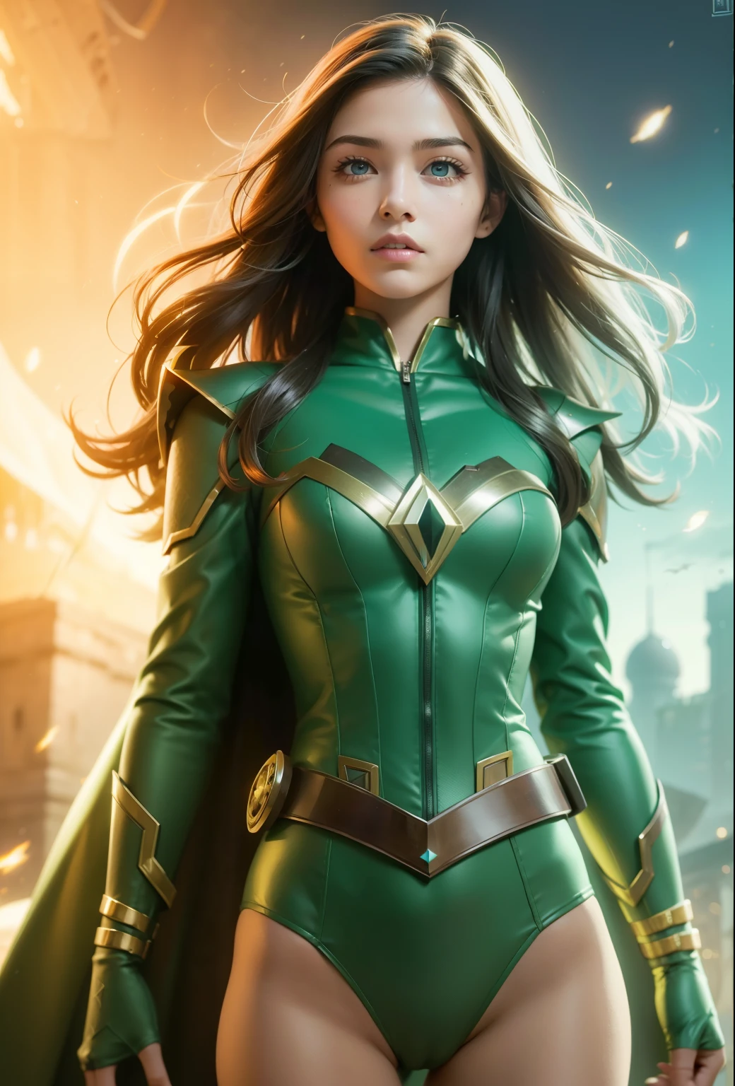 Waist up super heroine hot ocidental (masterpiece), best quality, expressive eyes, perfect face, art in fantasy mythic action effect, sharp focus, wearing super detailed suit with mechanicles part & hero cape
