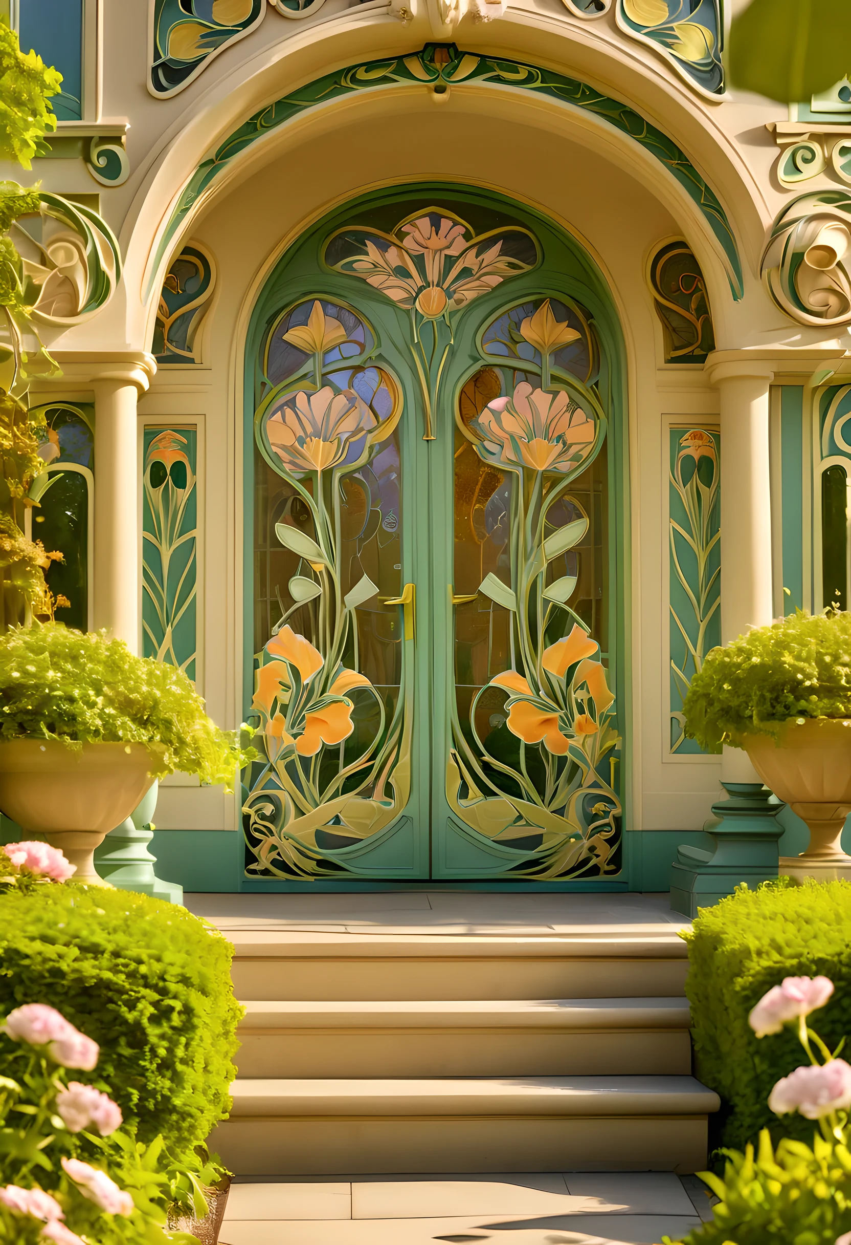 (((Elegant Art Nouveau scene))) featuring a serene garden with intricate floral patterns and organic forms. The scene should evoke the essence of the Art Nouveau movement, with ornate details on architecture and furniture. The camera, using a (((medium telephoto lens))), captures a detailed close-up of the floral motifs, emphasizing the delicate craftsmanship. Implement a natural color palette inspired by Art Nouveau paintings and illustrations. The resolution should be (((HDR))) to enhance the luminosity of the scene.