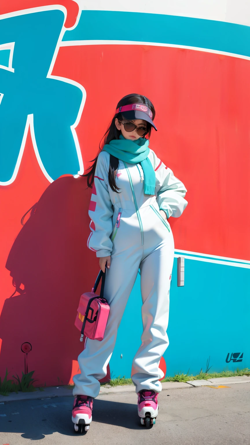 (ultra detailed,ultra high res,detailed background),((2D)),((flat color)),((muted color)),((floating neon)),1girl,solo,looking at viewer, spray paint, graffiti, girl in a white jumpsuit, long plush scarf, full body image, adult woman, anatomically perfect face, face in focus, symmetrical face, rollerskates, wearing a poker visor and big sunglasses, 