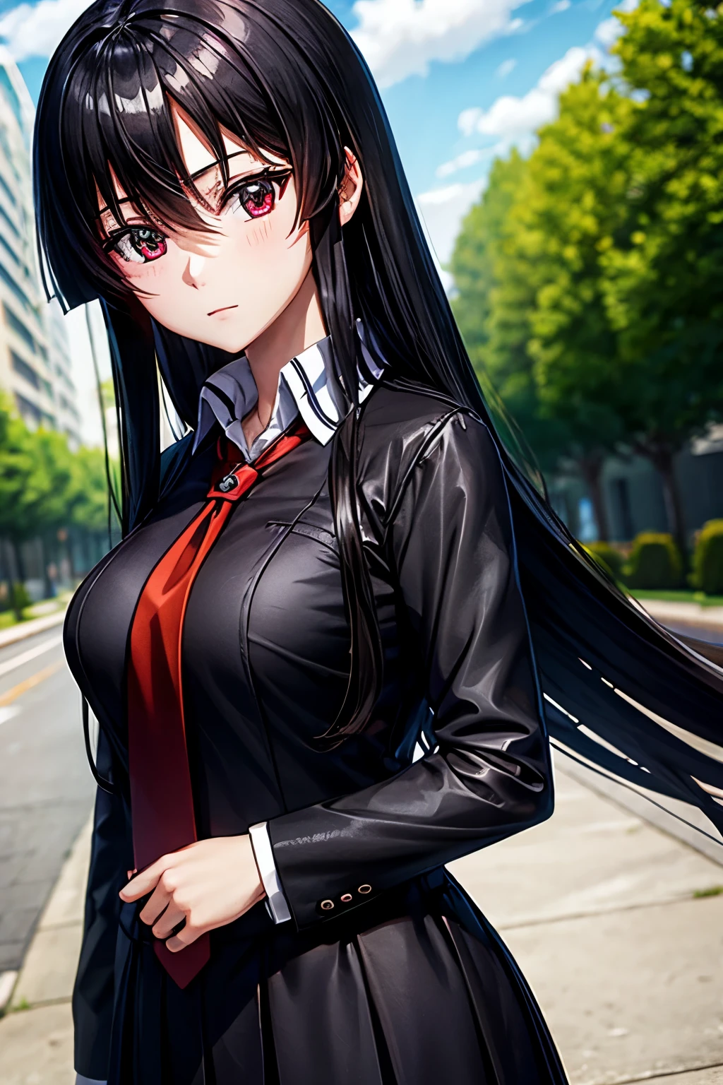 anime girl in black school uniform and red tie, best quality, high resolution, very smooth texture, cute and beautiful facial details, long black hair, big red eyes, eye liner, double eyelids, big breasts.