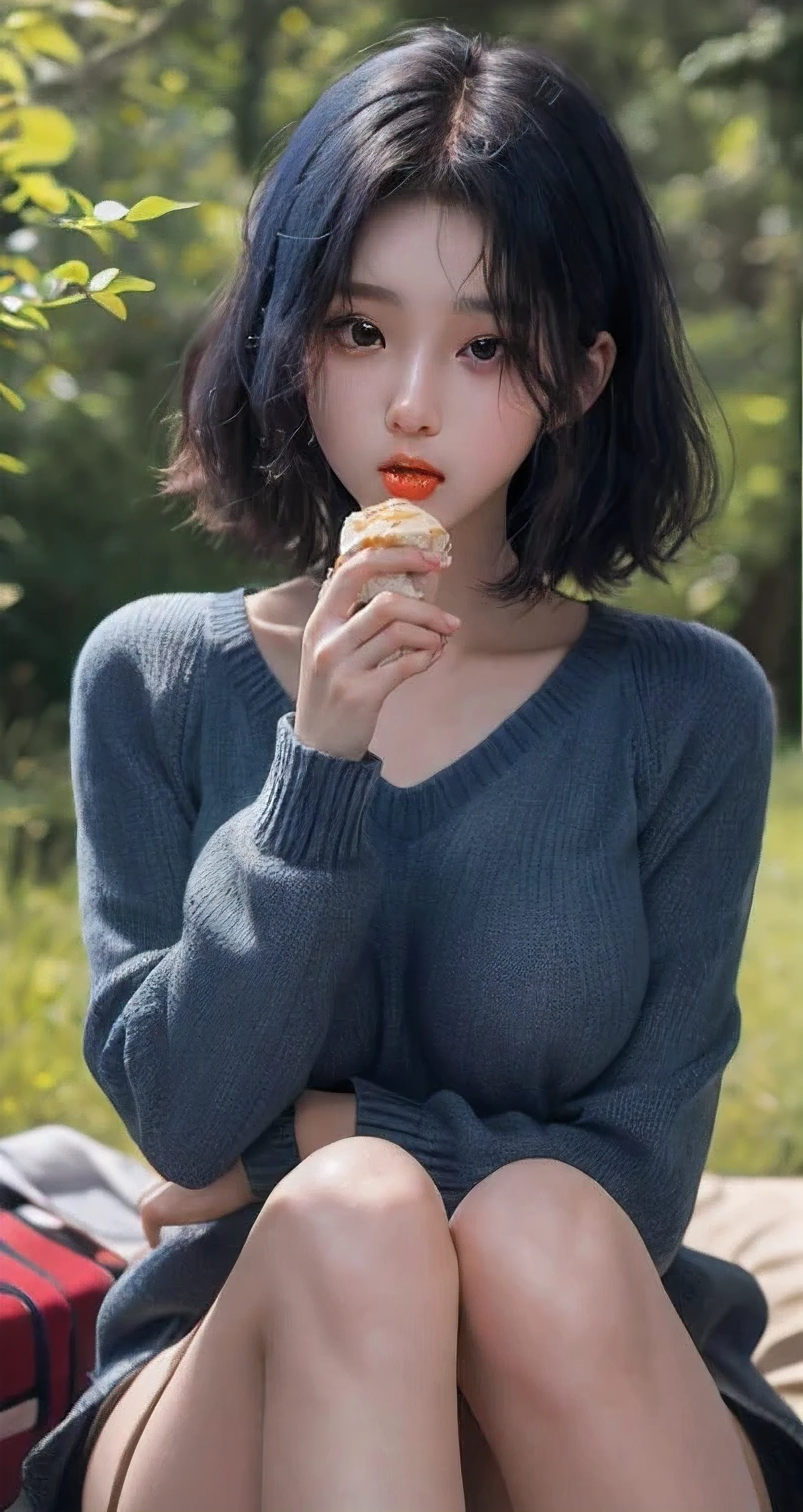 Best Quality Detail:1.2,  realisitic, 8K UHD, hight resolution, 1girl in:1.2, The ultra-detailliert, High quality textures, intricate detailes, detaileds, Very detailed CG, High quality shadows, Detail Beautiful delicate face, Detail Beautiful delicate eyes, depth of fields, Ray traching, masterpiece, best quality,ulzzang -6500-v1.1:0.6, pureerosface_v1,  Pretty korean Girl, Korean Urzan Face:1.1, milf, 28 year old woman,long neon dark blue hair,shiny_skin,thin_waist,huge breasts,wearing a red lowneck long_sleeve knit sweater and mini plisket, night, eating food,  4K 8K UHD Full Color RAW Photos, Fuji Film(Medium format:1.2), Hasselblad:1.2, Carl zeiss:1.1, Incredible dynamic range photography(UTIL_Art by Smoose-768:1.1), hight resolution, High pixel count, clear details, crisp image, Natural color reproduction, Noise Reduction, High fidelity, qulity, Software Improvements, Upscaling, Optimized algorithms, Pro-level retouching,crowd:1.1,depth of field,looking at viewer,eating at a picnic,random pose sitting at the summer forest picnic ,random pose, picnic in the forest,