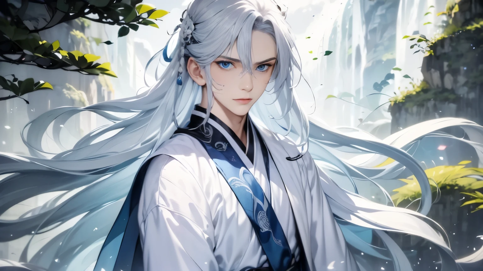 1 boy, alone，（night：1.2）long white hair, blue eyes, Chinese clothes，hanfu，Monte，waterfall man，Floral fragrance，Tree，Messy rocks，sweat，dynamic lens，dynamic poses，