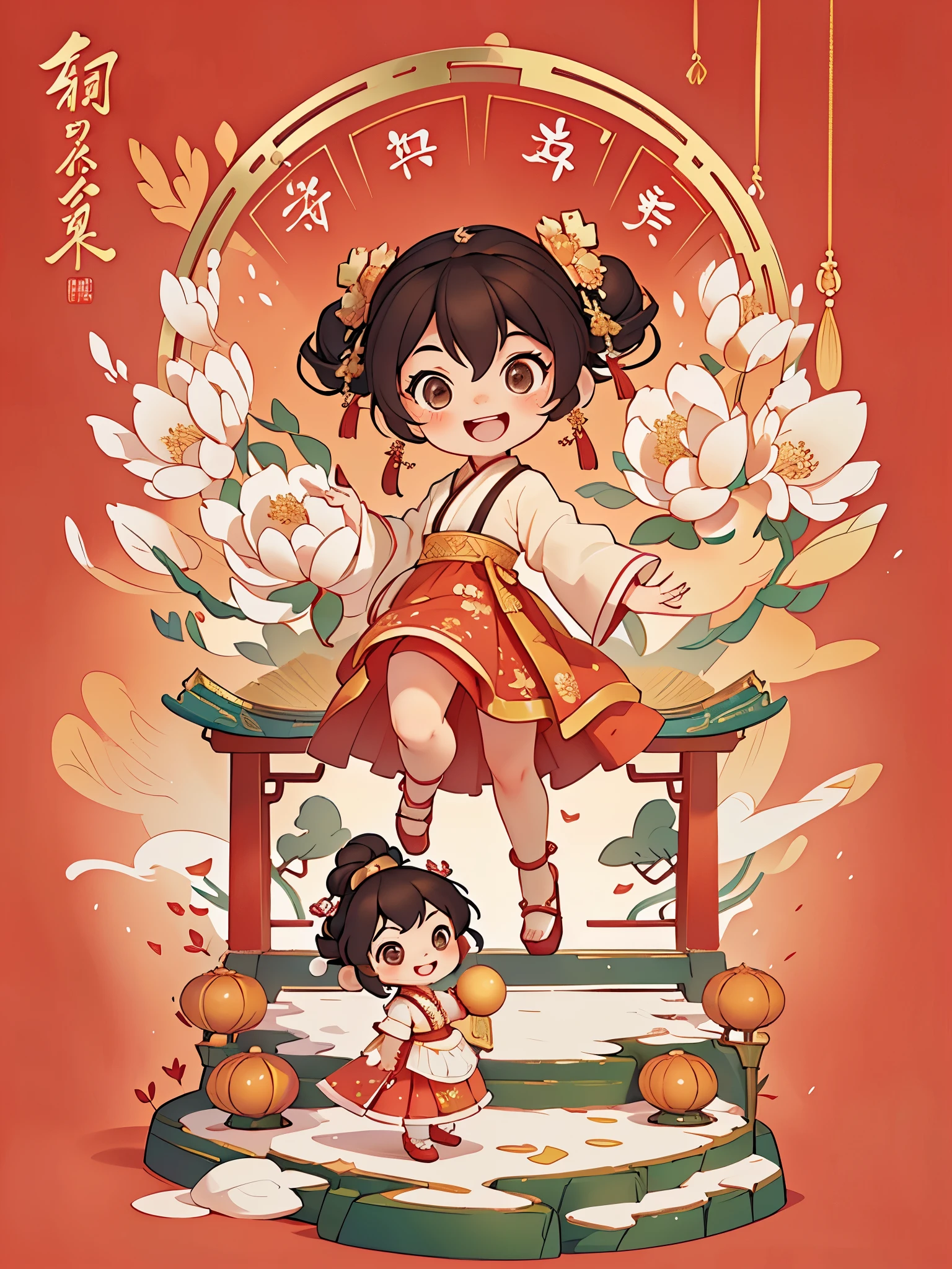 Create a series of Chinese New Year themed greeting cards,(masterpiece),(best quality),(official art),(Lots of details),(Beauty and aesthetics:1.2),Cute girl climbing up on the stairs,look back,Smiling happily to the audience,open mouth,The littlemust be wearing exquisite classical Hanfu,((long skirt)),She has brown twintails,All greeting cards should follow the same Chinese red pattern with a solid color background and be complete within the image, exhibit (whole body: 1.5),She must have a dark brown round head. Your eyes should be large and expressive,long eyelashes and rosy cheeks,Smile is delicate and white,elegant movements,Hair texture and details,Make the picture more Chinese style.