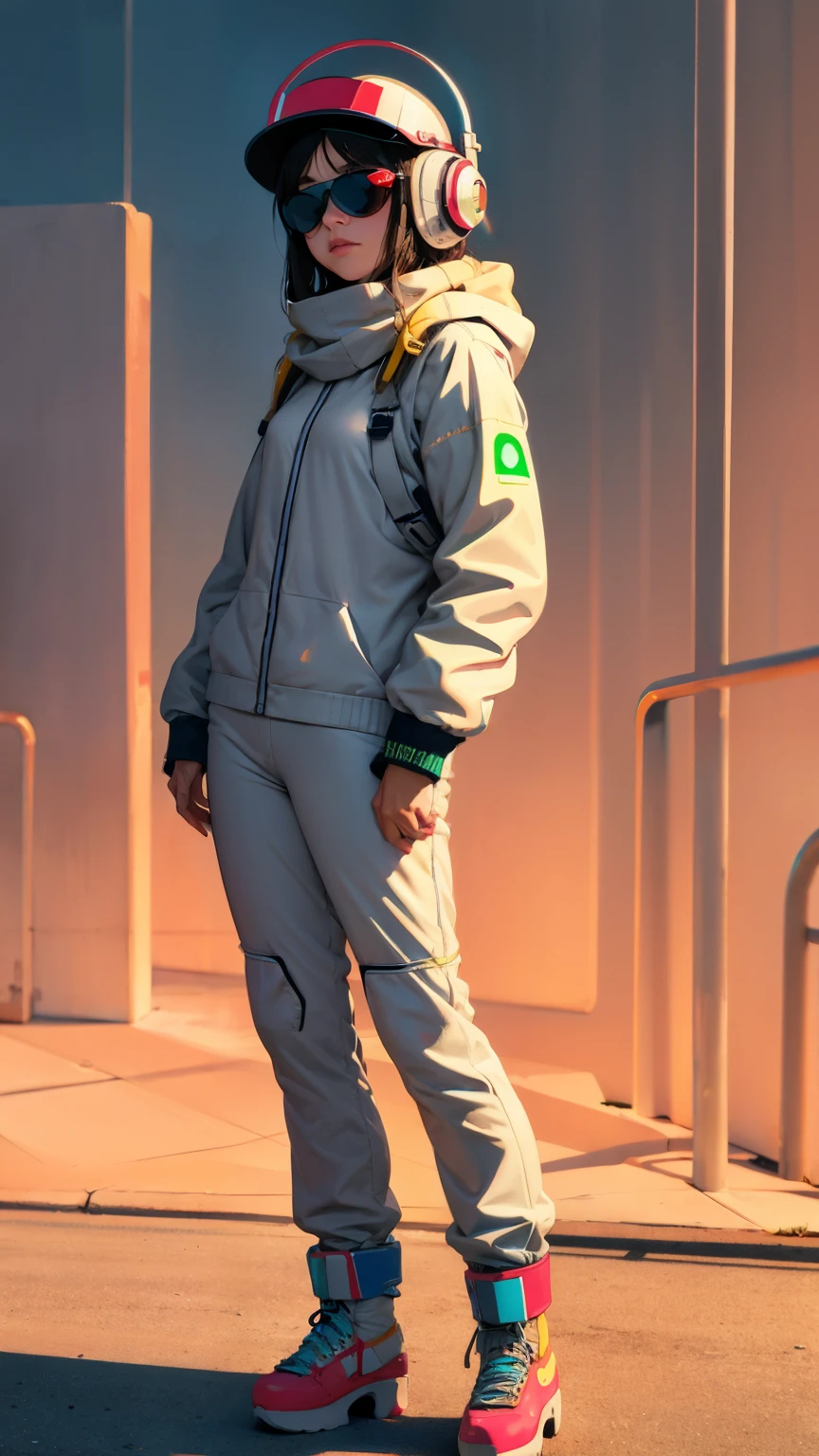 (ultra detailed,ultra high res,detailed background),((2D)),((flat color)),((muted color)),((floating neon)),1girl,solo,looking at viewer, spray paint, graffiti, girl in a white fencing suit, long plush scarf, full body image, adult woman, anatomically perfect face, face in focus, symmetrical face, rollerskates, wearing a 1950's scifi helmet with a visor, sunglasses