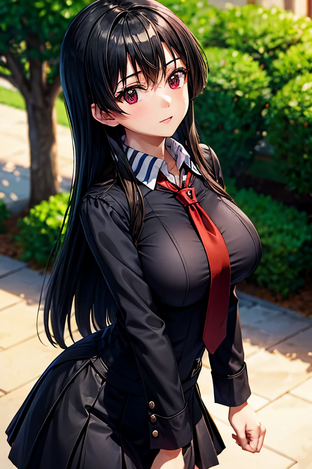 anime girl in black school uniform and red tie, best quality, high resolution, very smooth texture, cute and beautiful facial details, long black hair, big red eyes, eye liner, double eyelids, big breasts.