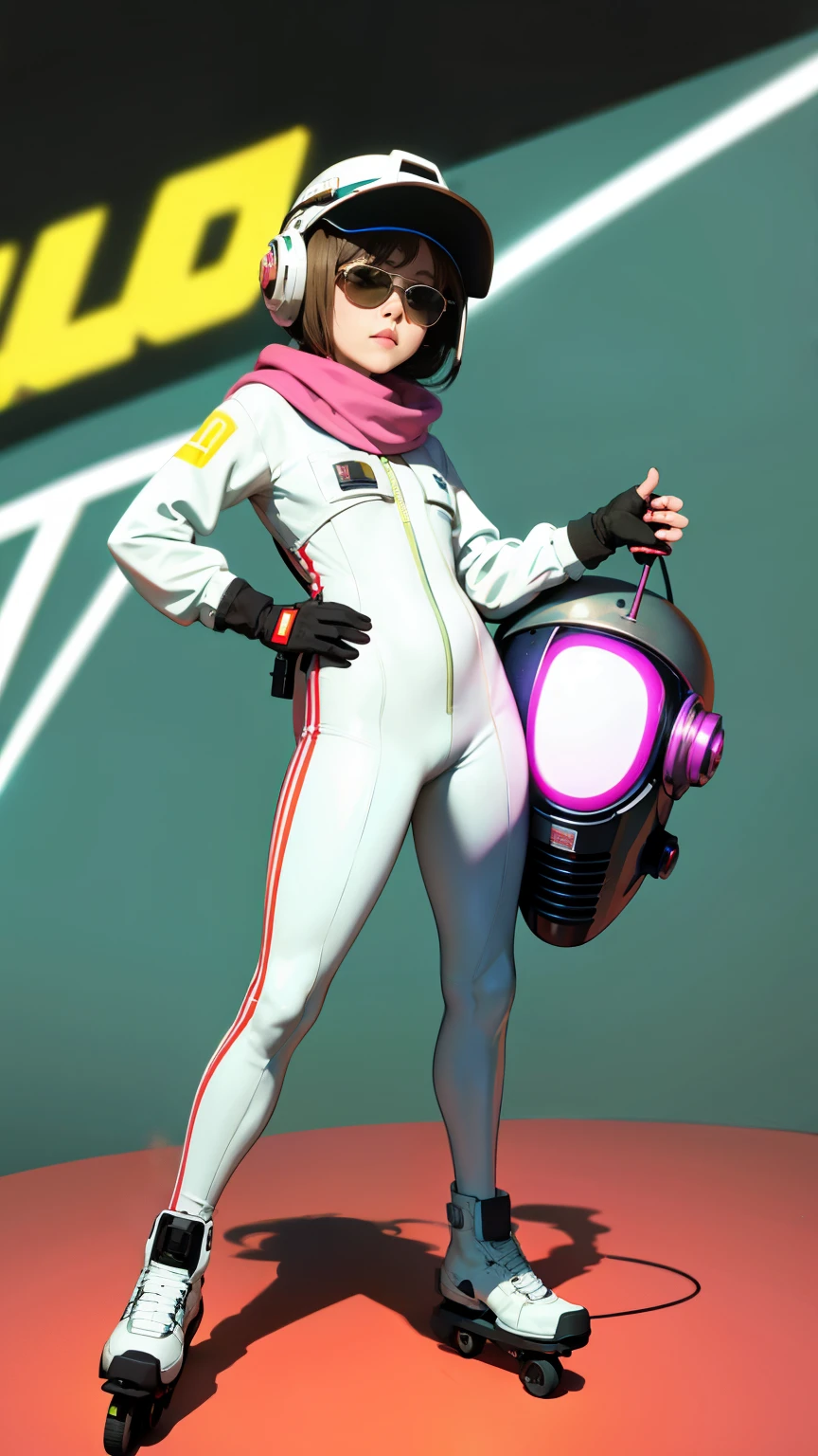 (ultra detailed,ultra high res,detailed background),((2D)),((flat color)),((muted color)),((floating neon)),1girl,solo,looking at viewer, spray paint, graffiti, girl in a white fencing suit, long plush scarf, full body image, adult woman, anatomically perfect face, face in focus, symmetrical face, rollerskates, wearing a 1950's scifi helmet with a visor, sunglasses