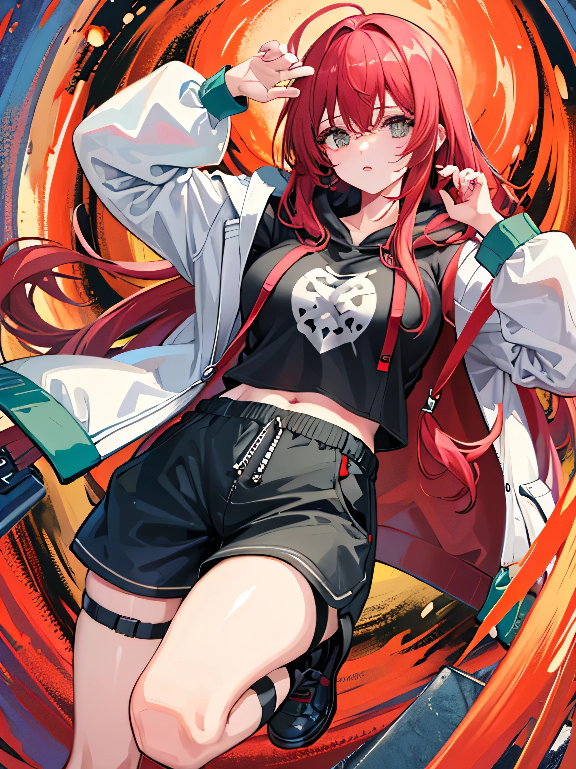 8K resolution、((highest quality))、((masterpiece))、((Super detailed))、woman１name、alone、incredibly absurd、Hairstyle Long、hair color　red and green、sunglasses、light colored eyes、big breasts、Hoodie with open chest、oversized hoodie、neon、put one&#39;Hand in hand&#39;pocket of、shorts with carabiner、water dripping