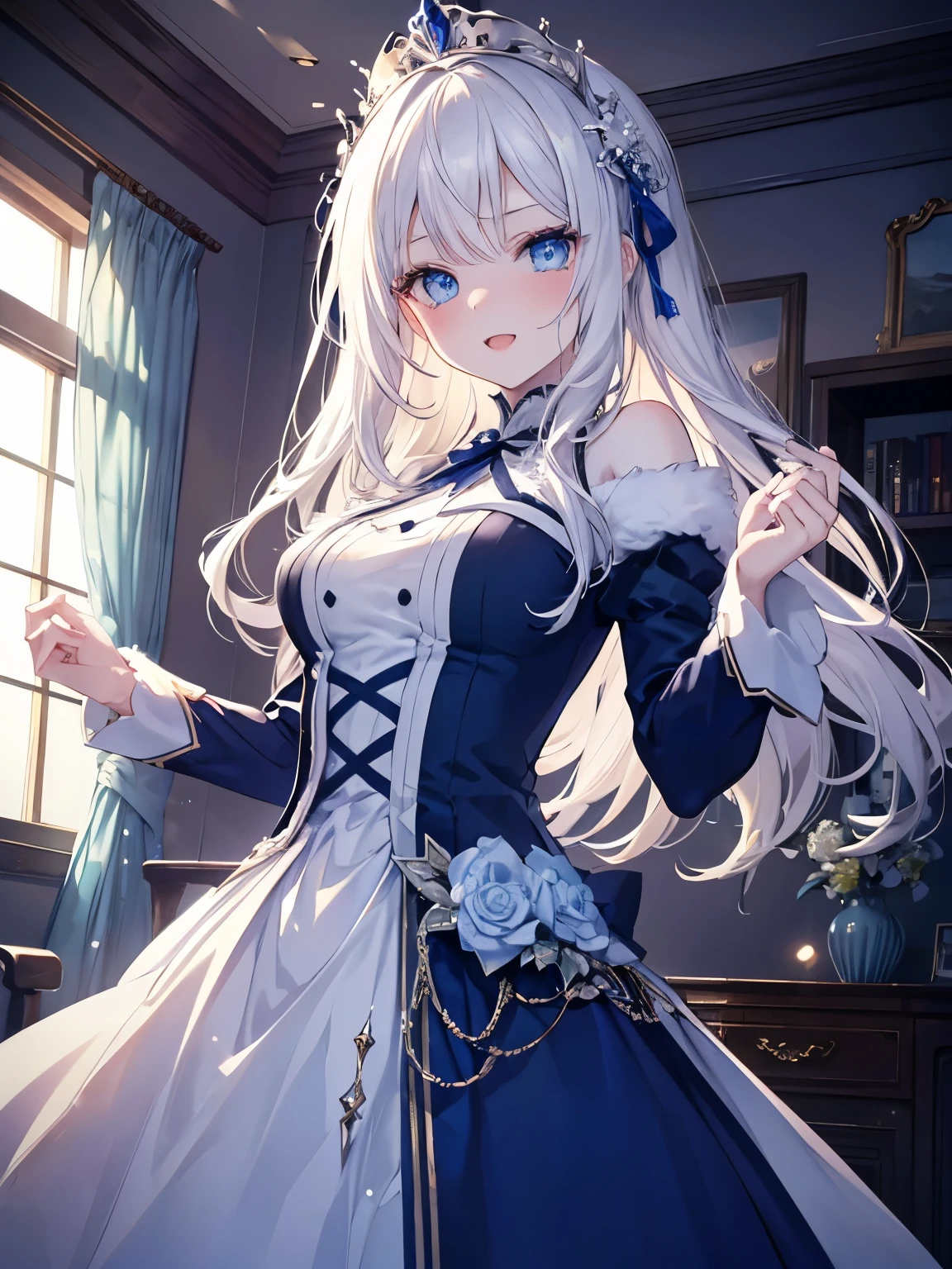 masutepiece, Highest Quality, (Perfect face:1.1), (high detailing:1.1), (ultradetailed eyes), Dramatic, superfine illustration, Extremely detailed, 1girl in,teenager, (pale skin), long white hair, Ethereal eyes, Blue eyes,blush,Solo,Smile, Happy, Laugh, Enjoy, Open mouth, Pouty lips,Cinematic lighting, Looking at Viewer,Cowboy Shot,Long sleeve,Blue Princess dress,indoor,night,living room,dynamic pose,snow,winter