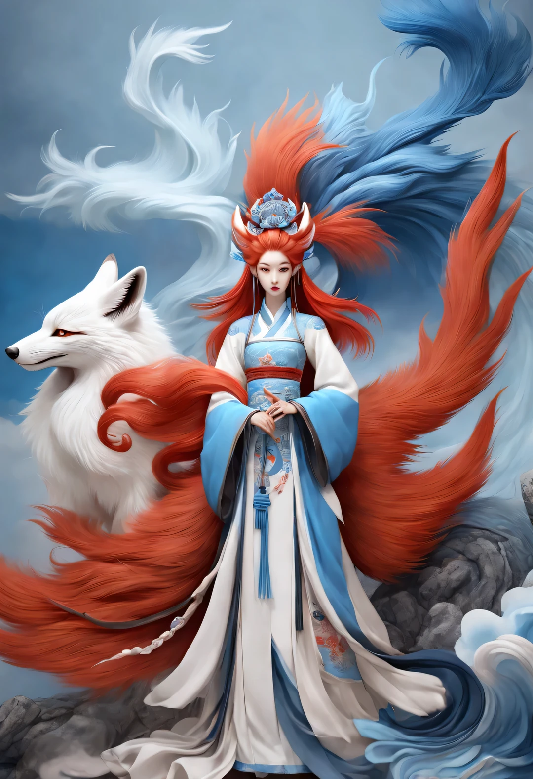 Zbrush style red and blue fashion painting, Oriental style, Soft realism and surreal details, blue and sky blue tones, (A fox with only nine red tails and blue eyes), white hair, Lots of fluffy red tails wrapped around, Ancient Chinese mythical beasts, Classic of Mountains and Seas, fantasy,