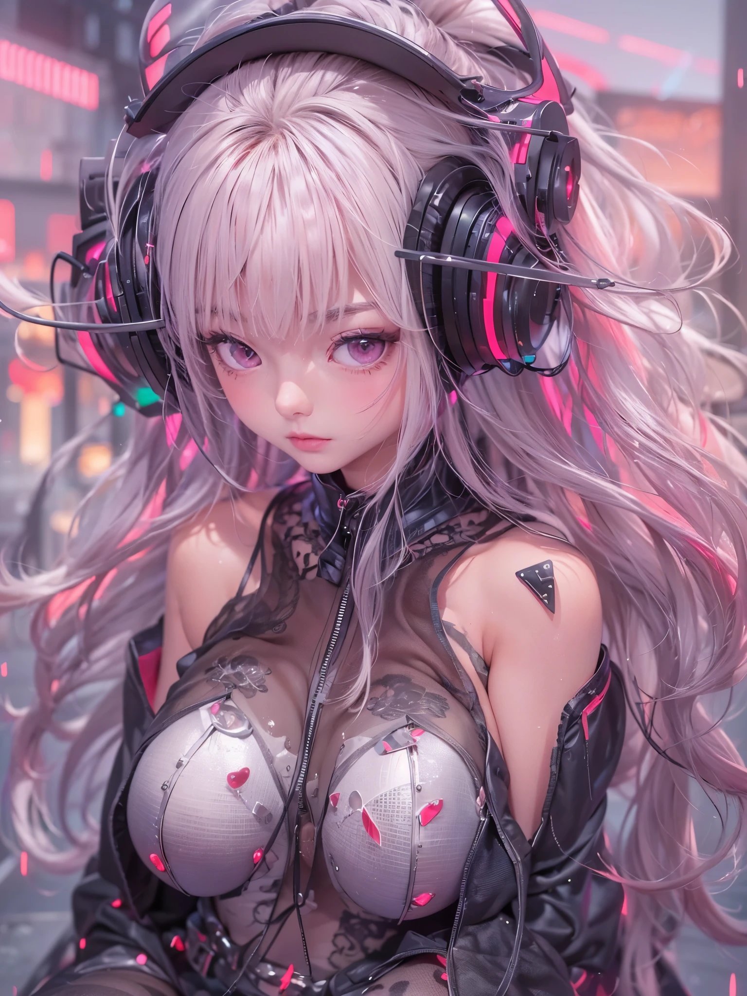 8K、master piece、highest quality、highest level、Highest image quality、muste piece、intricate details、high resolution、depth field、Natural light、professional lighting、(1 person)、solo、Anglo-Saxon girlish girl、(cute:1.2)、very beautiful 18 year old cartoon girl、(high detail skin: 1.2)、Photorealistic anime girl rendering、Realistic anime 3D style、bob cut、、beautiful bright blonde hair、強烈なred eyes、strong eye highlights、very big breasts、perfect anatomy、((black jacket、Wearing fancy underwear and detailed panties、supple and thin fabric、black mini skirt、metal accessories、))、decorative choker、hands behind the back、Beautiful platinum blonde hair、long hair、crossed bangs、asymmetrical bangs、bob cut、stick out ears、eyelashes、red eyes、very mysterious smile、Attractive、(sophisticated headphones)、Body shiny with oil、(detailed bra、black mini skirt)、((Inspired by Shirow Masamune))、girl in cyberpunk armor、Epic battle fantasy Natalie、((rogue anime girl、bad pose))、(In a slouching position、Squat down with both knees up、spread your legs:1.5)、(short boots)、(lewd girl:1.2)、A big city where you can see the sunset at 6 p.m.、red sunset clouds、it's raining、The body gets wet from the rain、Decadent and futuristic urban area in the evening、(Cyberpunk urban area)、(Futuristic cars、flashing red light)、(Lightning is glowing)、(Flashing blue and purple neon tubes)、
