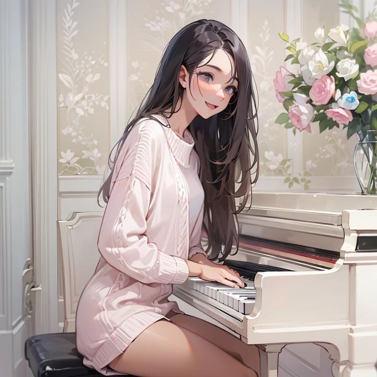 a girl , 25 years old, , pale_pastel_pink_sweater and white_miniskirt, slender, smile ,happy, dark_brown_long_hair, thin out hair, siting on the chair.playing the piano. white room