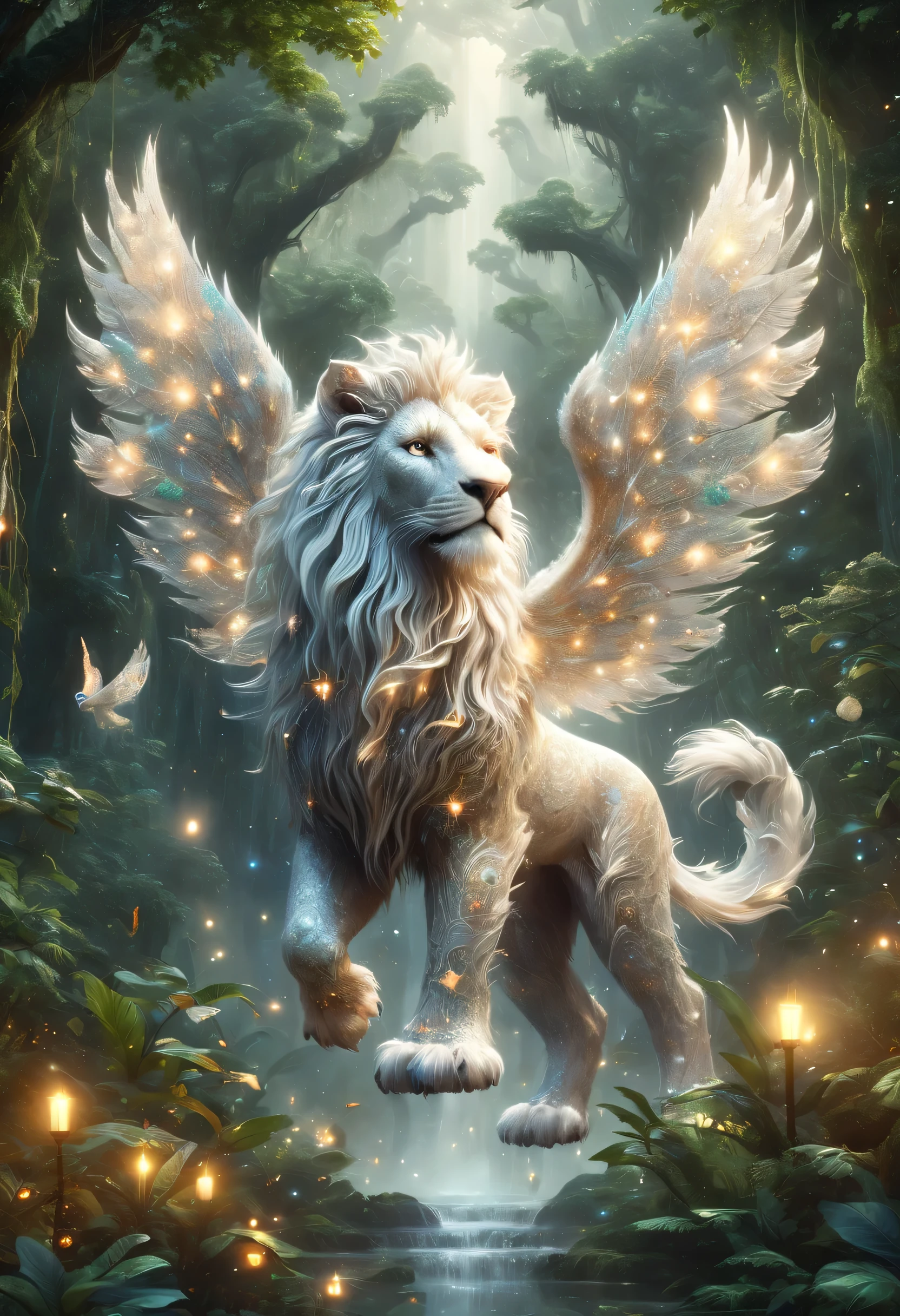 (best quality,high-rise building,masterpiece:1.2),Super fine,magical animals in the jungle,flying lion,Forest monsters,ethereal atmosphere,mesmerizing palette,Bright Eyes,The presence of majesty,Unique and intricate patterns,Extraordinary ability,Hidden in the mysterious forest,Cast spells,nature guardian,fly over the stars,Legend has it that it will bring good luck and wealth,令人着迷的transfer,Inspired by legendary stories,Awesome beauty,otherworldly presence,transfer:1.1。