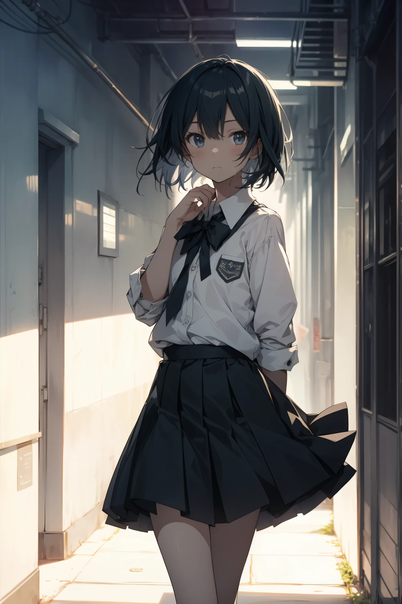 Super high quality by the art god, super detailed, High resolution, AI generated, anime moe art style, best anime 8K konachan wallpaper, pixiv contest winner, perfect anatomy, break,(眠そうにalone学校へ行く女の子を描いてください. ),break, 1 girl, (alone,ta, , 13 y),All limbs, full finger,, androgynous charm, (very short hair), messy hair, flat chest, Because I'm slender, small ass, between legs, Small black eyes, beautiful and fine eyes, Well-proportioned iris and pupils, expressive eyes,disgusted eyes, High resolutionの詳細な髪, wearing school uniform, (skirt),(detailed lighting), (detailed background), On the way to school. break,super dense skin, Best lighting by famous artists, 8K, figure,UHD, rough skin