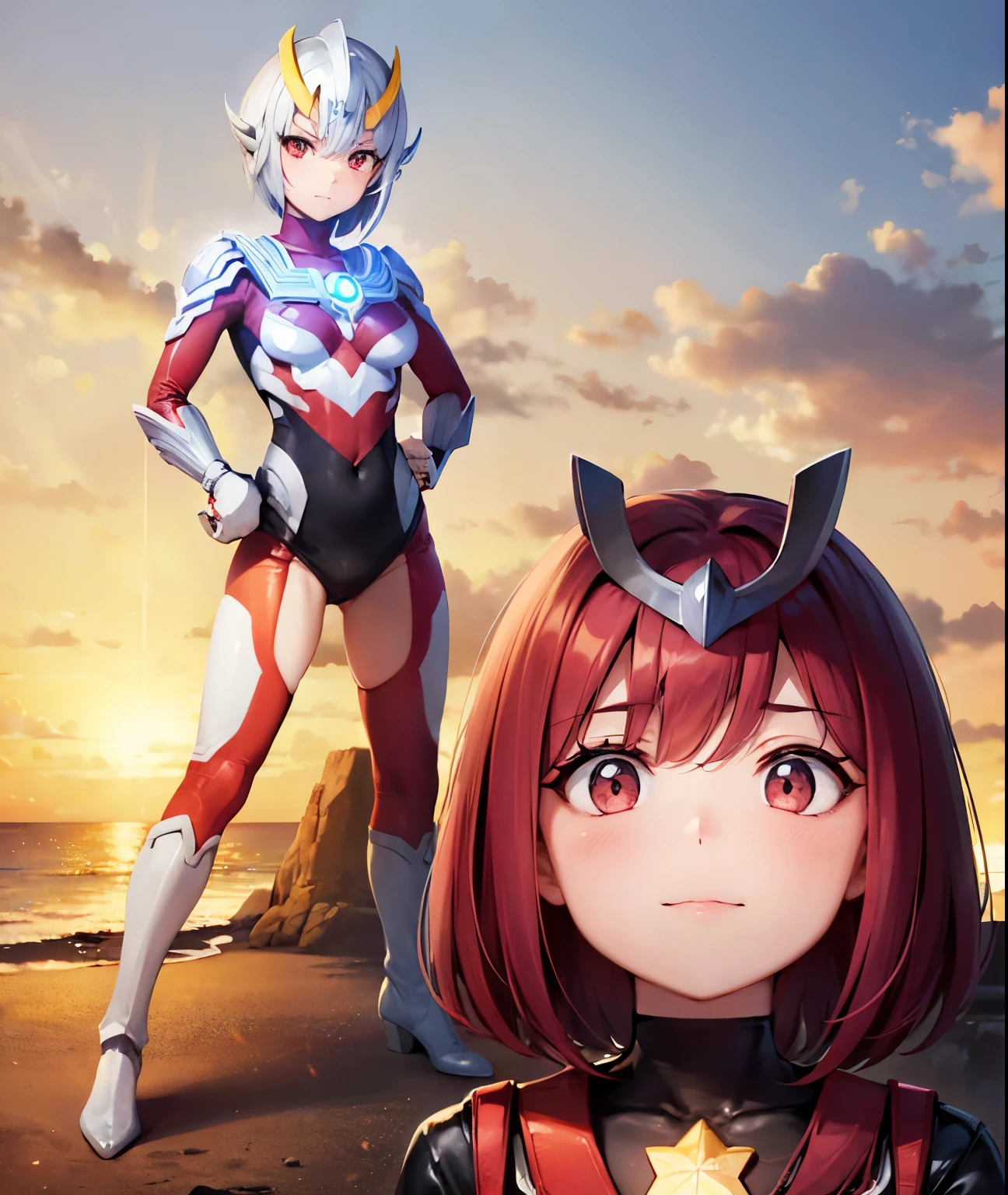 Highest image quality,8K beautiful detailed 1 young girl,(bright red hair:1.5),short bob,red eyes, (Ultra Girl :1.0), (silver and red ultraman bodysuit:1.4),big breasts,(Put your hands on your hips:1.2),(fist:1.2),(Turn your back to your audience:1.3),(back view:1.2),(butt:1.2),In town