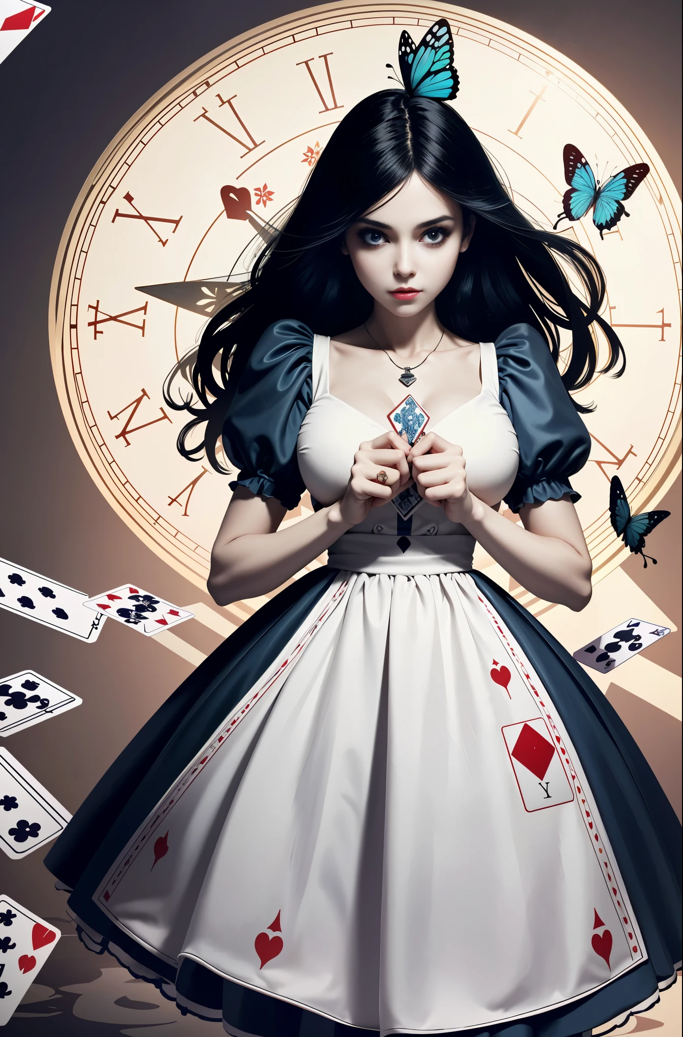 (masterpiece, highest quality)
alice horror, 1 girl, alone, black hair, wonderland background, butterfly、Alice with a big knife in her hand、severed head figurine、(Tremendously big)、(big breasts 200.0)V-neck dress(red and white dress with playing cards)creepy clock、Cheshire cat、trump soldiers