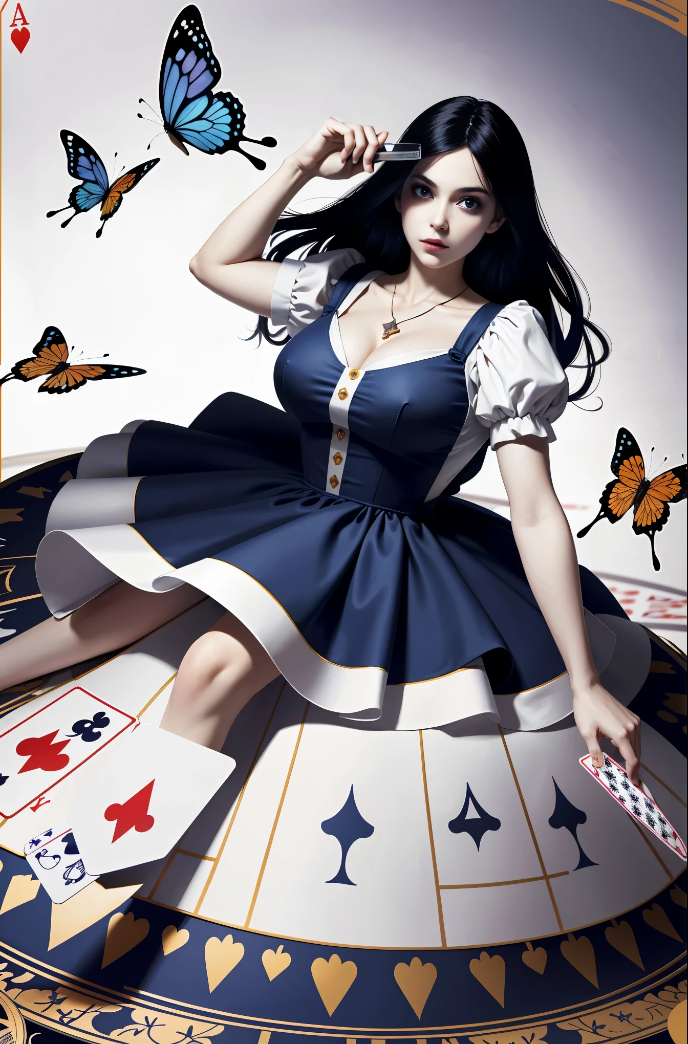 (masterpiece, highest quality)
alice horror, 1 girl, alone, black hair, wonderland background, butterfly、Alice with a big knife in her hand、severed head figurine、(Tremendously big)、(big breasts 200.0)V-neck dress(red and white dress with playing cards)creepy clock、Cheshire cat、trump soldiers