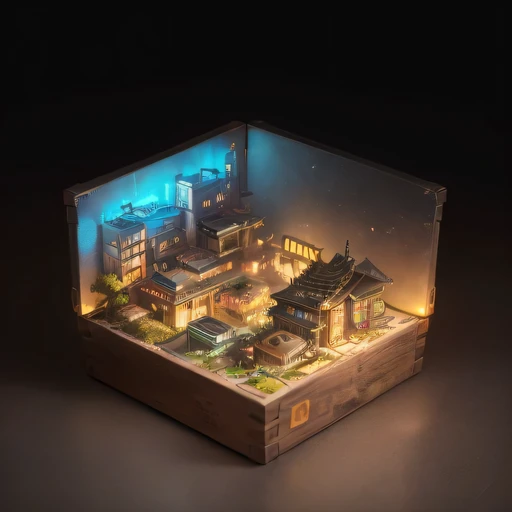 small realistic model, (bifurcation, original photo, best quality, masterpiece:1.4),SteampunkCyberpunk6920 City,(Cyberpunk light:1.3), Mards,horizon (related to land),(in a small nature box:1.3),Isometric, small nature, landscape on foundation,landscape,