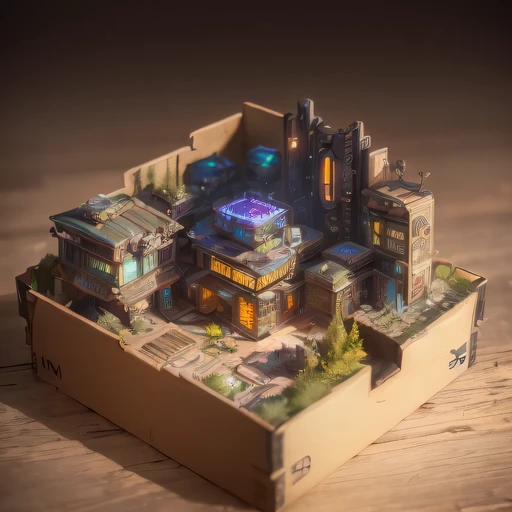 small realistic model, (bifurcation, original photo, best quality, masterpiece:1.4),SteampunkCyberpunk6920 City,(Cyberpunk light:1.3), Mards,horizon (related to land),(in a small nature box:1.3),Isometric, small nature, landscape on foundation,landscape,