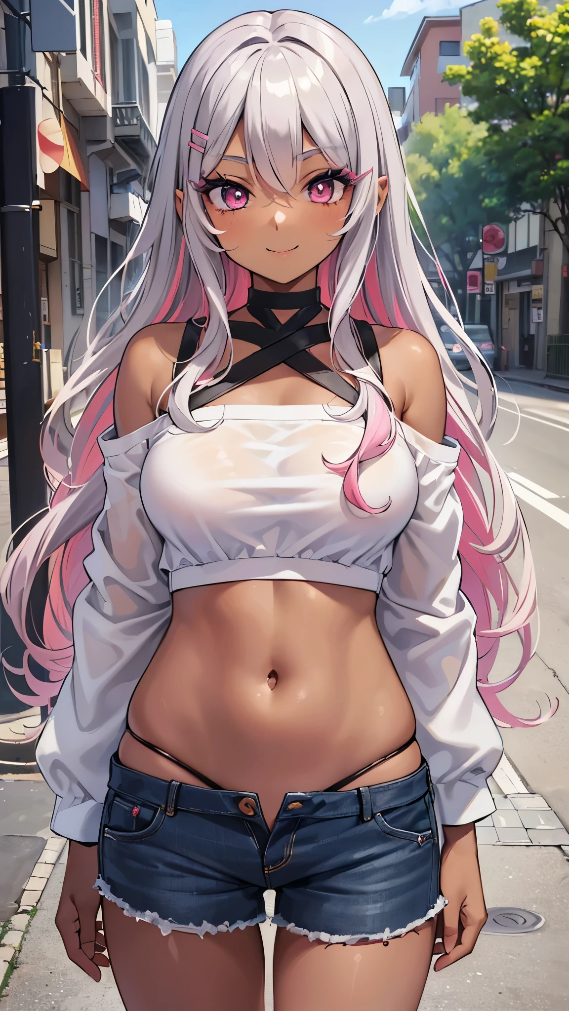 photorealistic, masterpiece, highly detailed illustration, 1 japanese girl, (multicolored dark pink and silver wavy hair), blue eyes, (((eyelashes, lower eyelashes))),(((dark skin, dark skin, dark skin))), smile, off shoulder crop top, hairclip, (large hip), gyaru, street