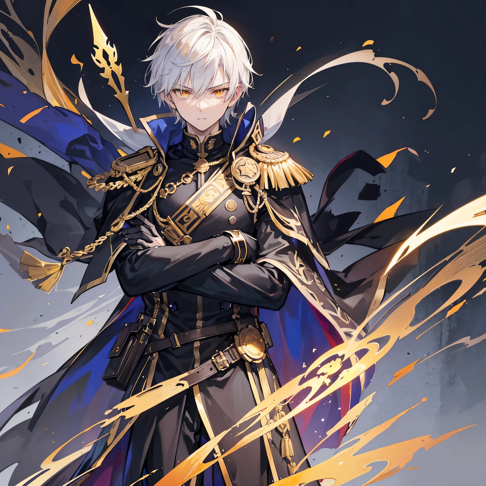 Handsome male, 17 years old, short white hair, glowing golden eyes, galahad from fate, close up, calm expression, stoic, black military clothes, black cape, golden gloves, crossed arms, upper body, looking at viewer, cowboy shot, dark castle background
