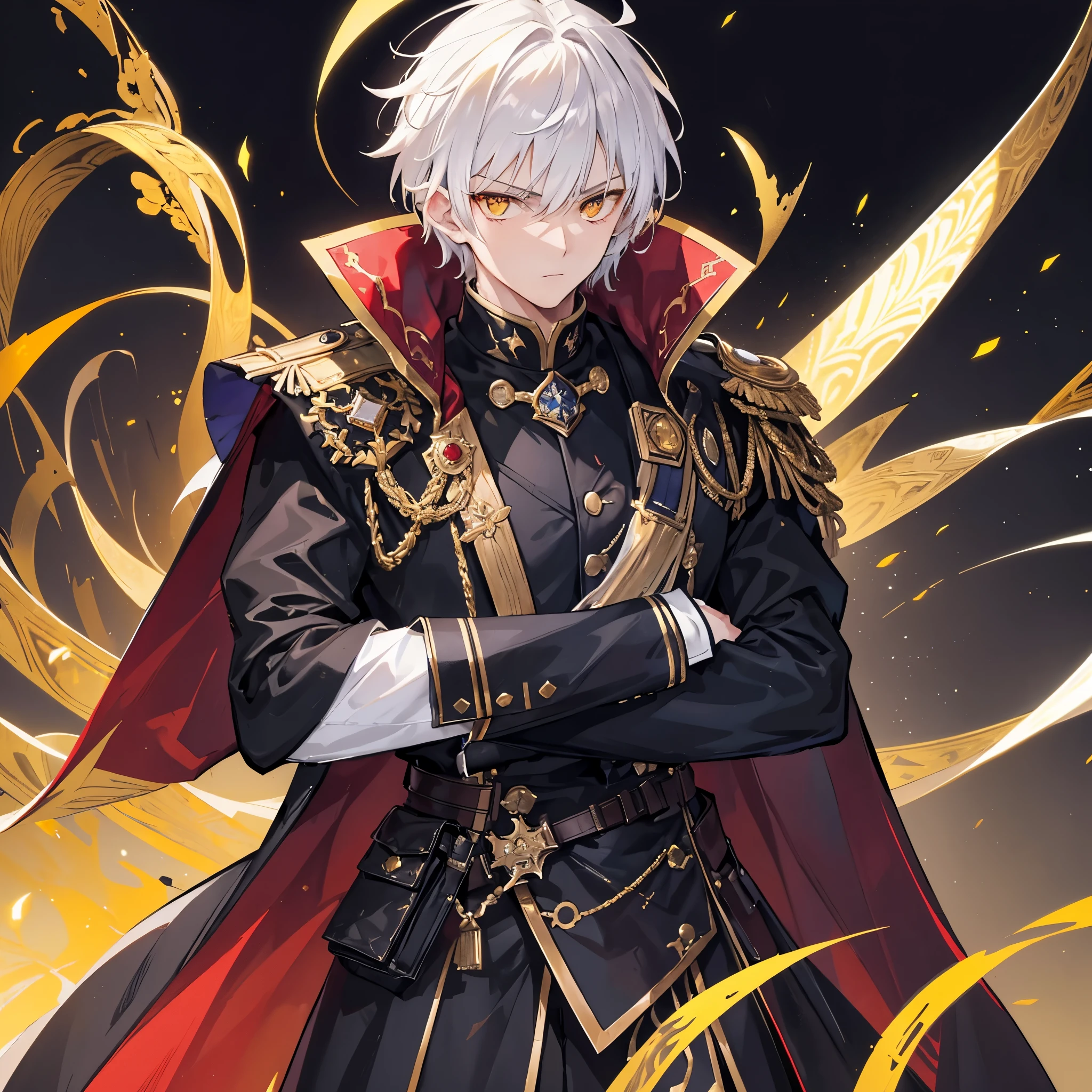 Handsome male, , short white hair, glowing golden eyes, galahad from fate, close up, calm expression, stoic, black military clothes, black cape, golden gloves, crossed arms, upper body, looking at viewer, cowboy shot, dark castle background