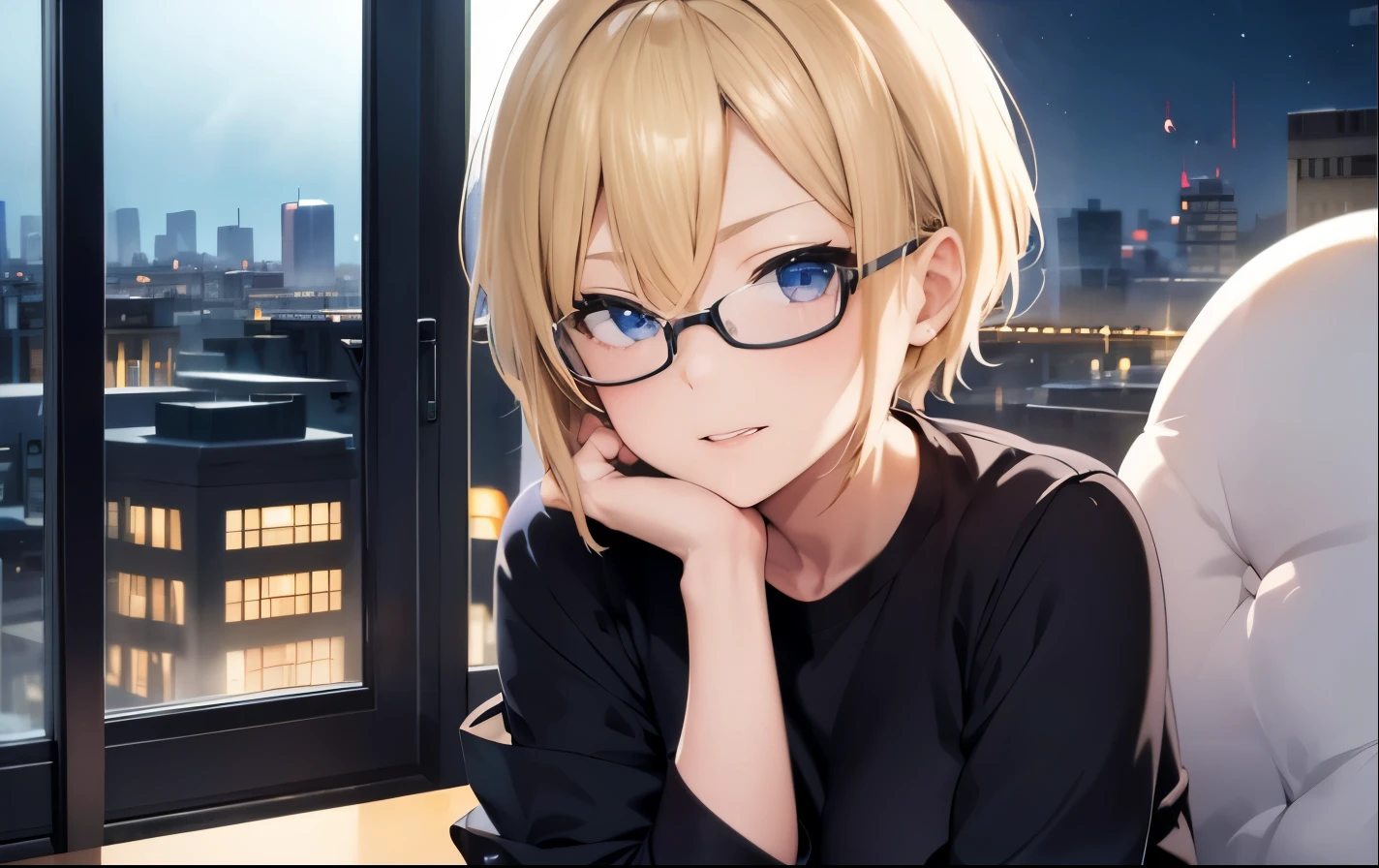 High resolution, 2D anime style,,blue eyes beautiful eyes,high and beautiful nose,thin face,blonde boyish short hair,Cool adult woman,Chest is slightly larger,she looks very happy,biting one&#39;s lips, she was very angry, she wears glasses,she narrows her eyes,Fashion that shows cleavage,I&#39;m studying by the window in my bedroom with earphones in my ears.,London cityscape at night
