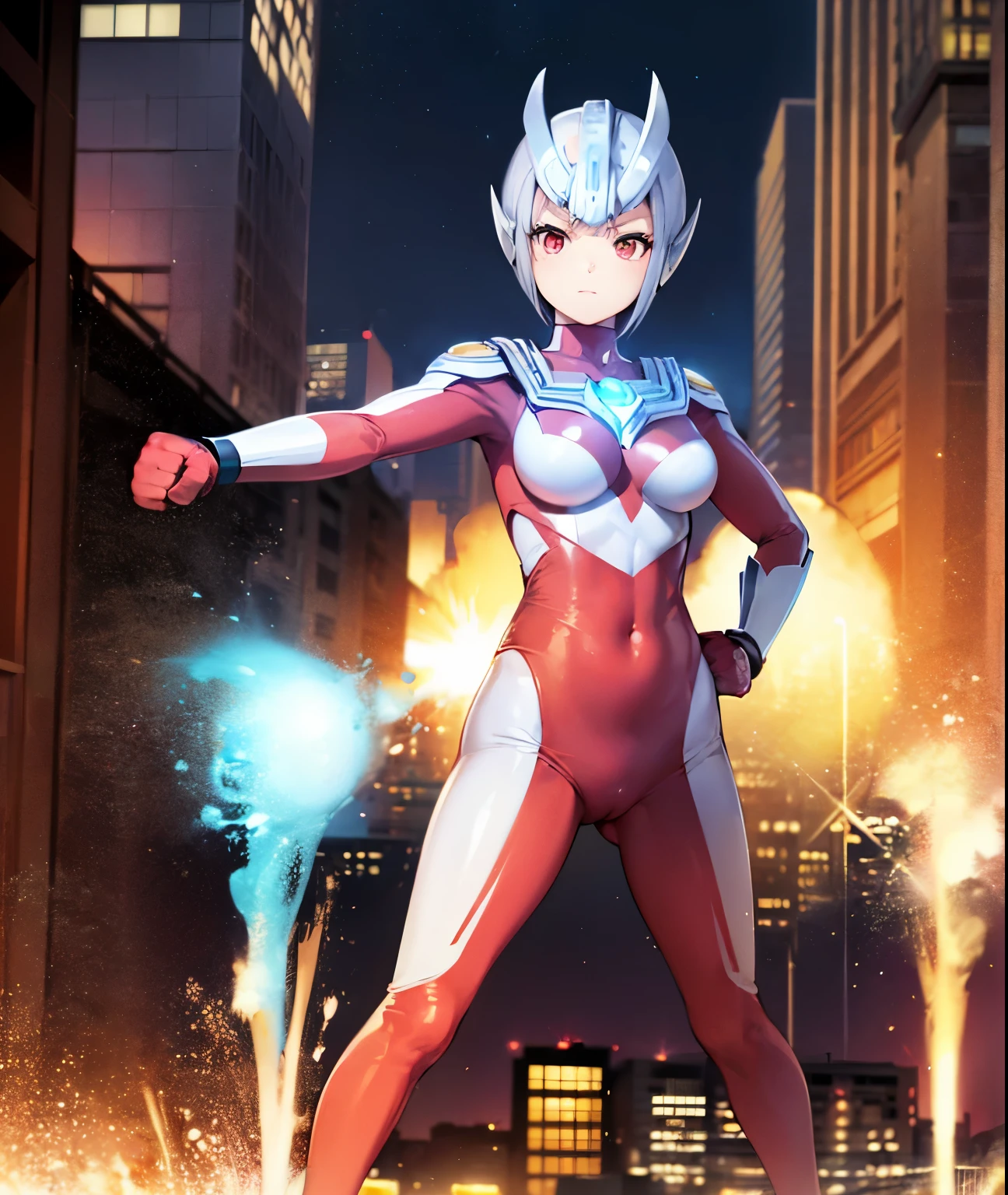 Highest image quality,8K beautiful detailed ung girl,(bright red hair:1.5),short bob,red eyes, (Ultra Girl :1.0), (silver and red ultraman bodysuit:1.4),big breasts,(Put your hands on your hips:1.2),(fist:1.2),In town,large number of buildings